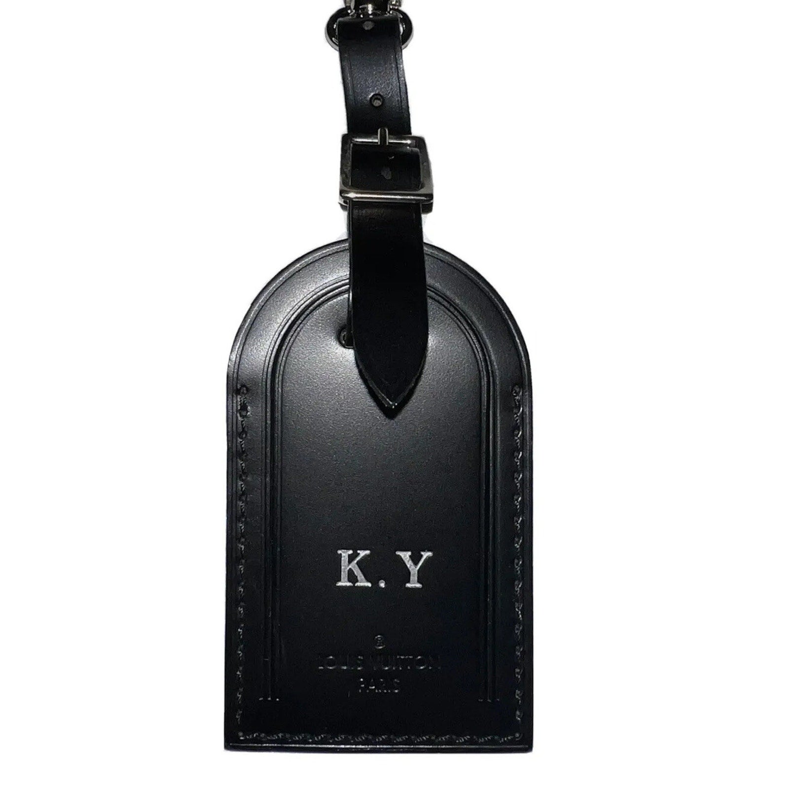Louis Vuitton Paris Black Name Tag w/ KY Initials Silver tone Metal