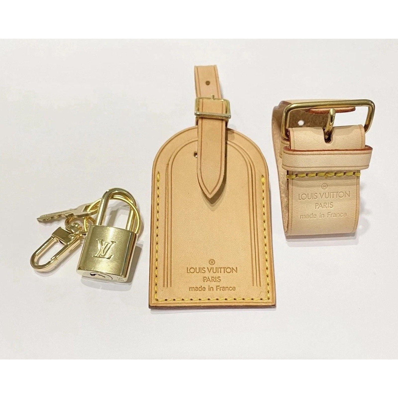 Louis Vuitton Name Tag w/ Strap Padlock & Key 1 Set ~Goldtone Authentic!
