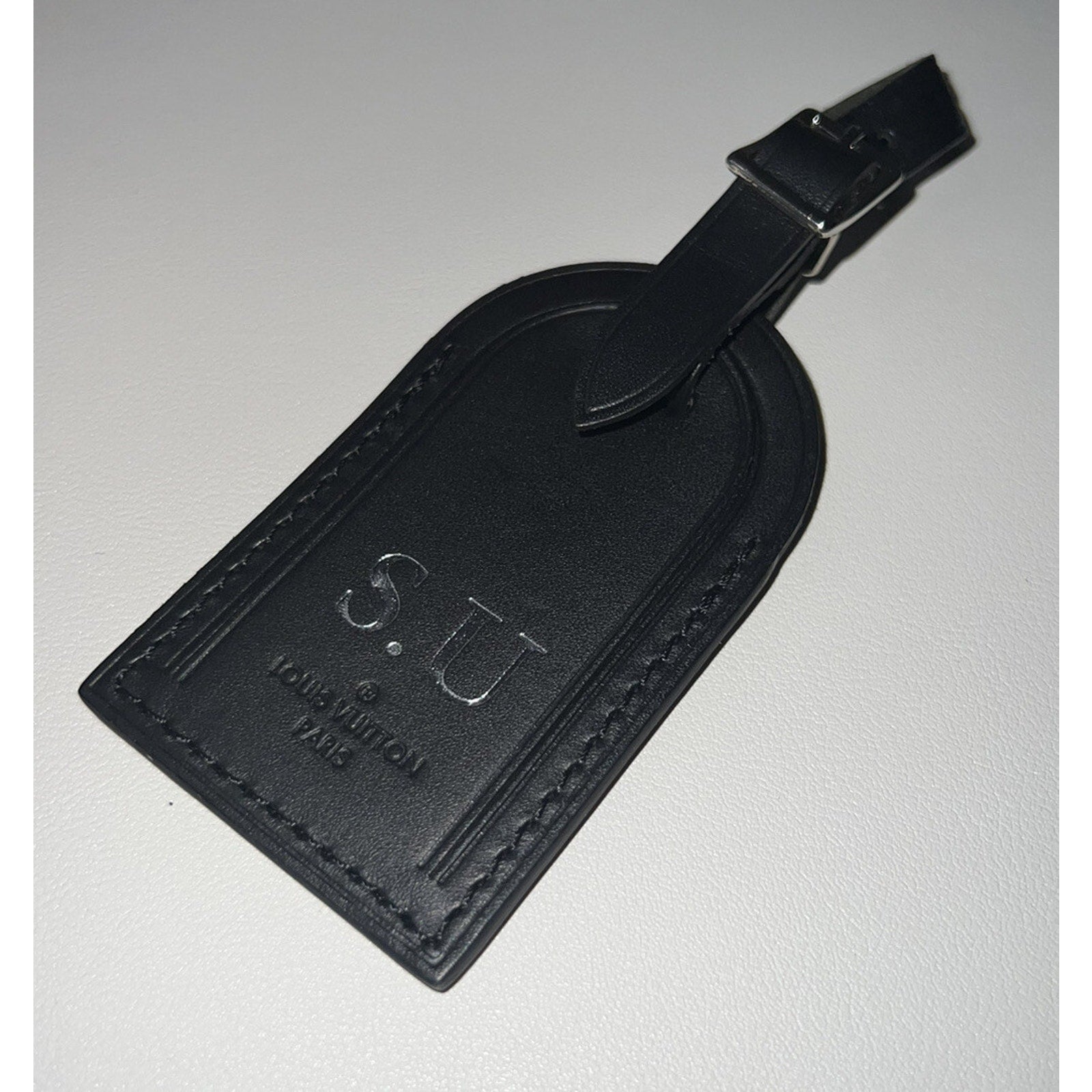 Louis Vuitton Paris Black Leather Name Tag Large Silvertone SU Initials