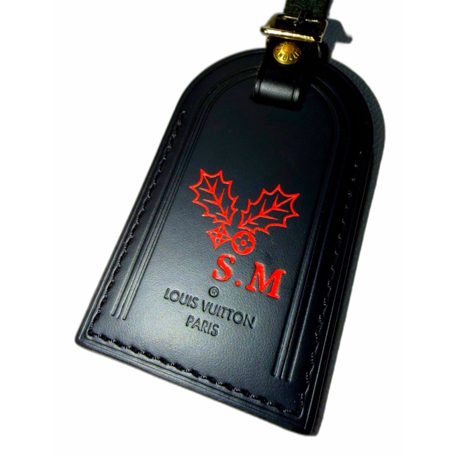 Louis Vuitton Paris Name Tag w/ SM Red Initials Christmas Holly Berrie