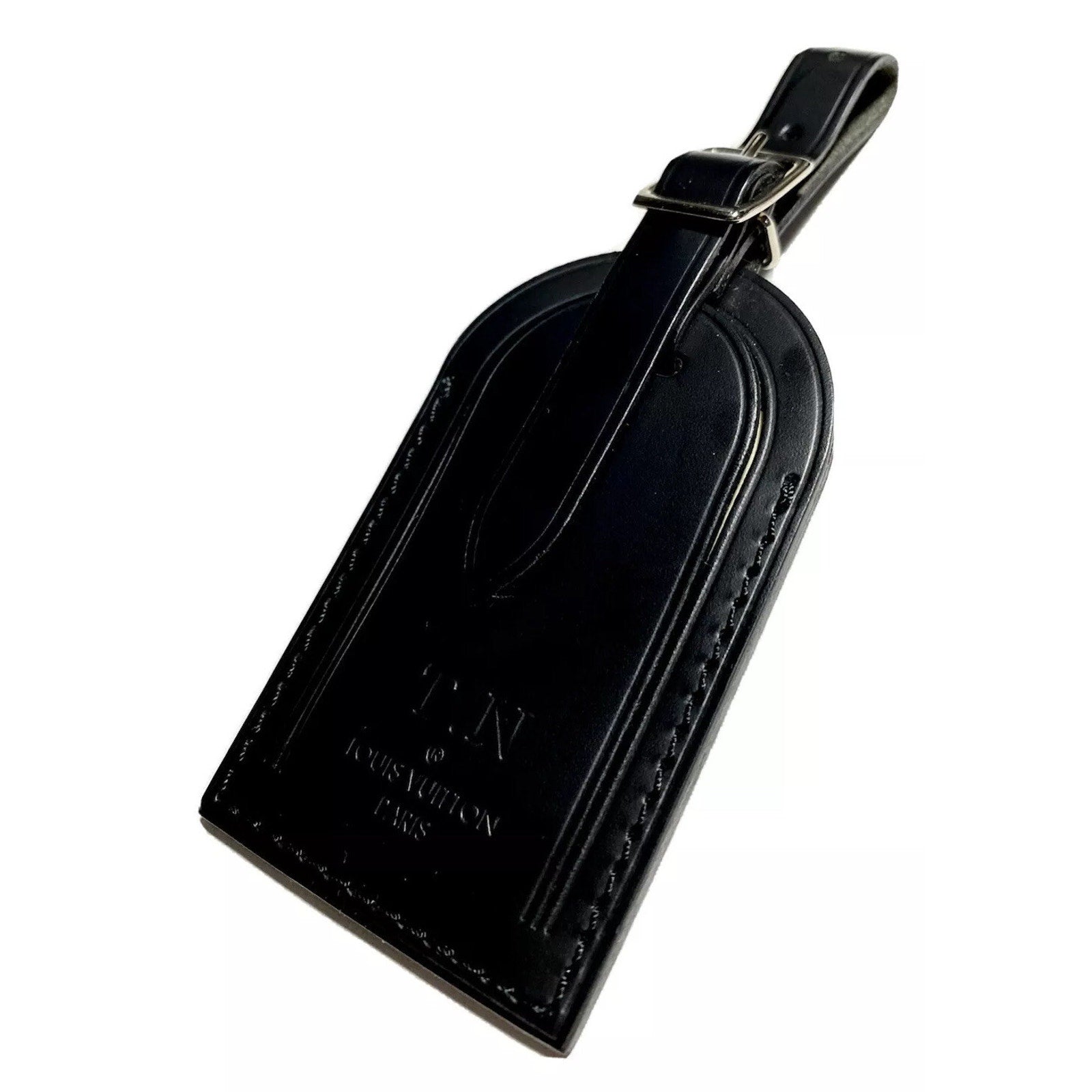 Louis Vuitton Paris Name Tag w/ TN Initials Goldtone Black Leather
