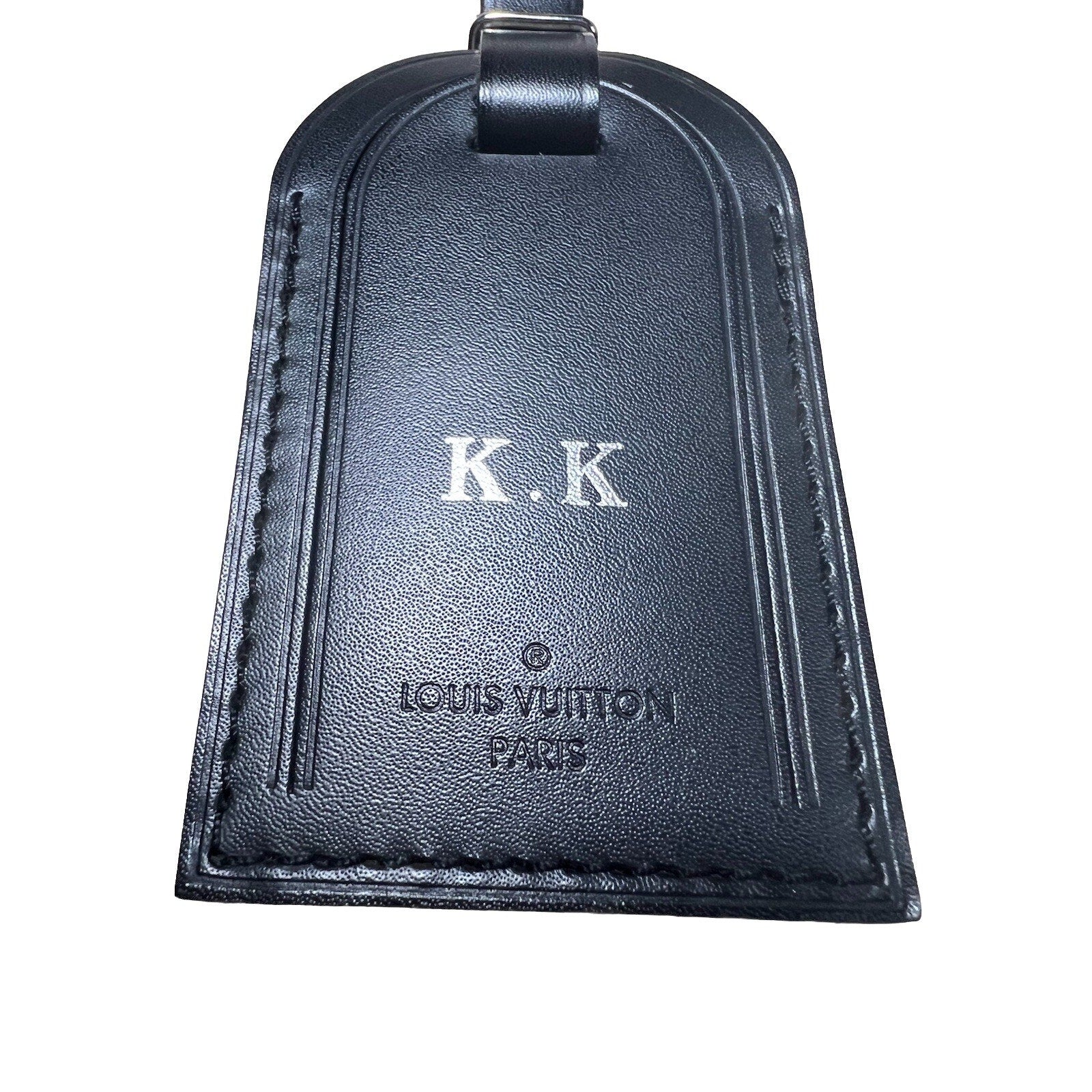 Louis Vuitton Paris KK Silver ID Name Tag Black Leather Silver Tone Large 🍂