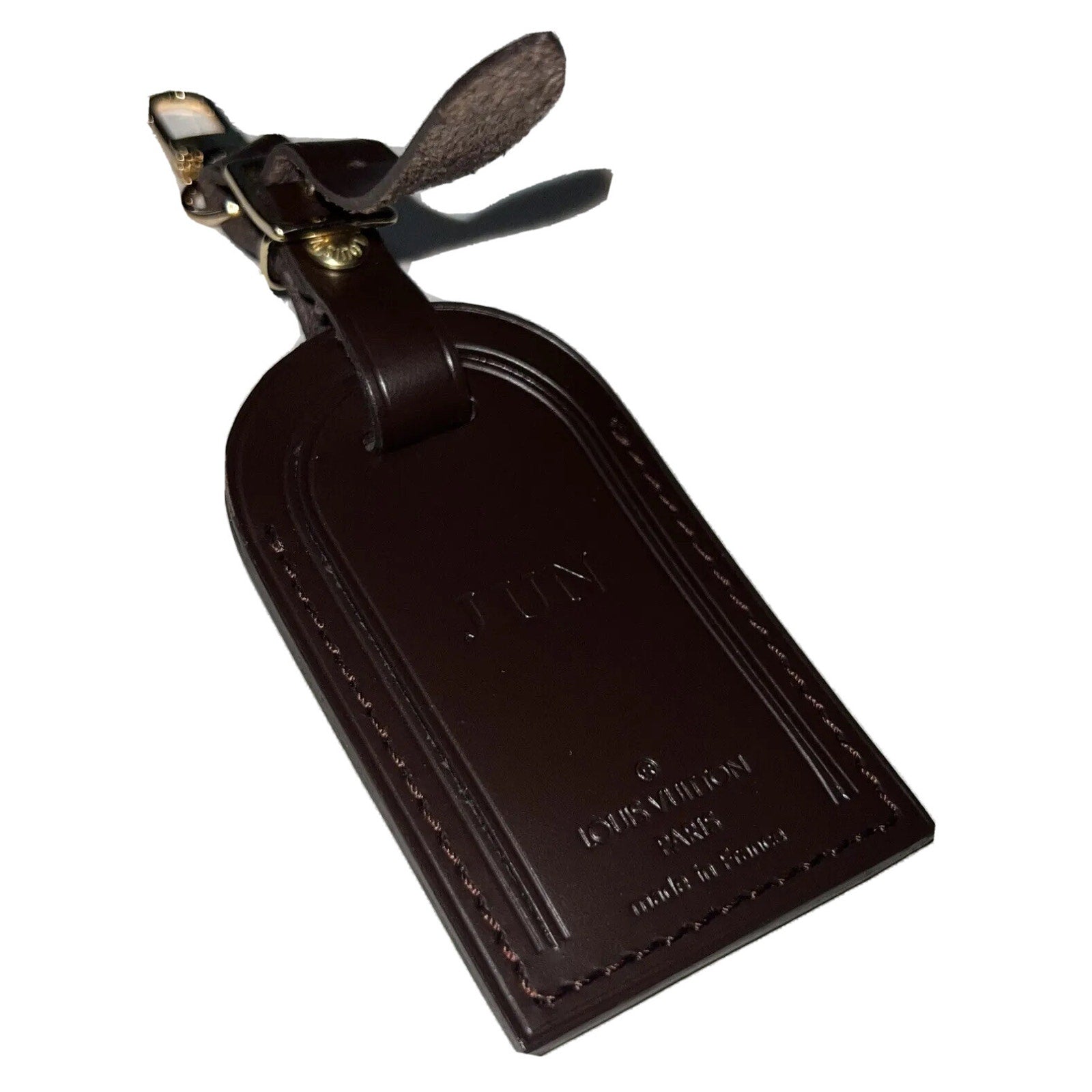 Louis Vuitton Name Tag w/ JUN ID Initials Damier Ebene Leather Goldtone