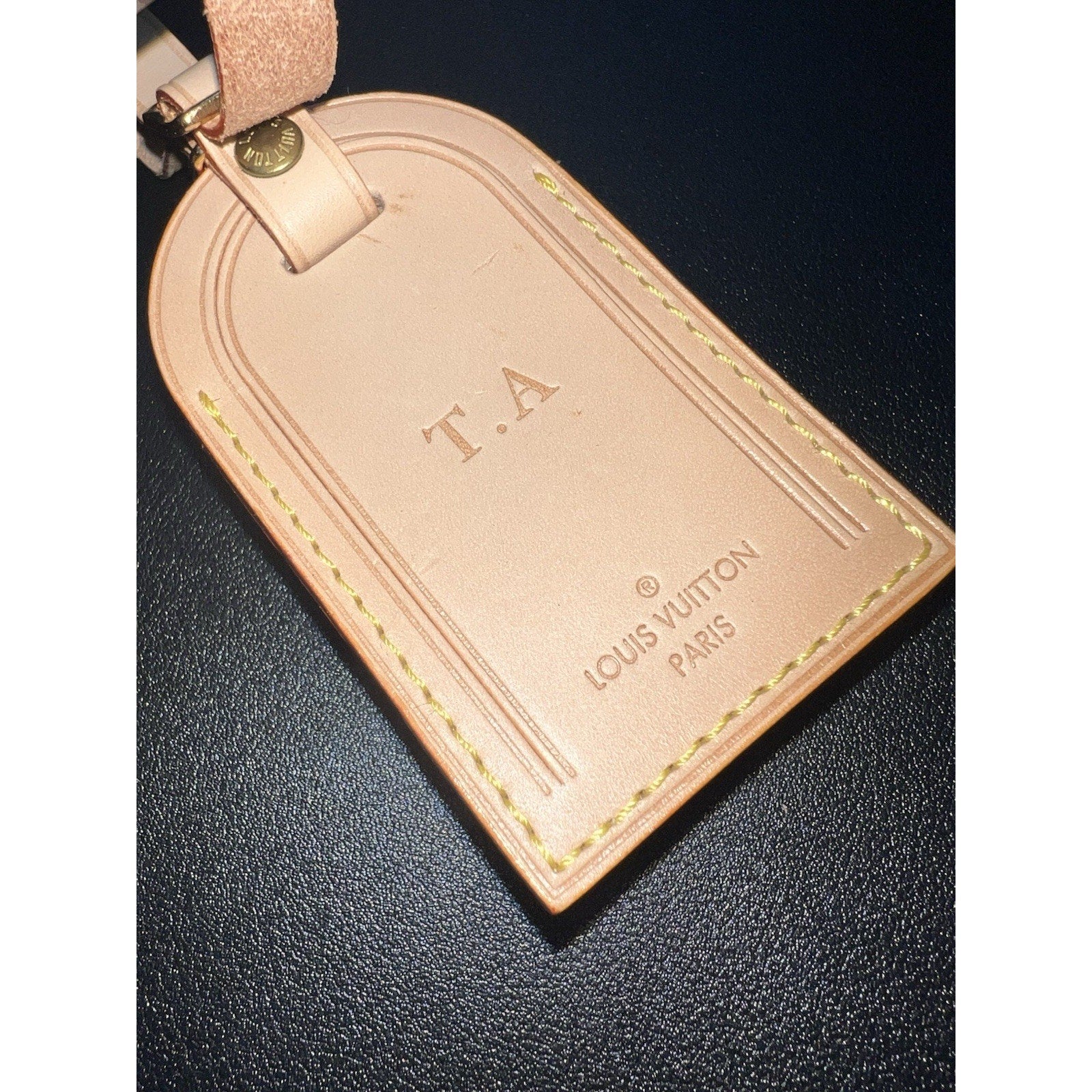 Louis Vuitton Name Tag w/ T A Embossed Initials Goldtone - Beige Vachetta