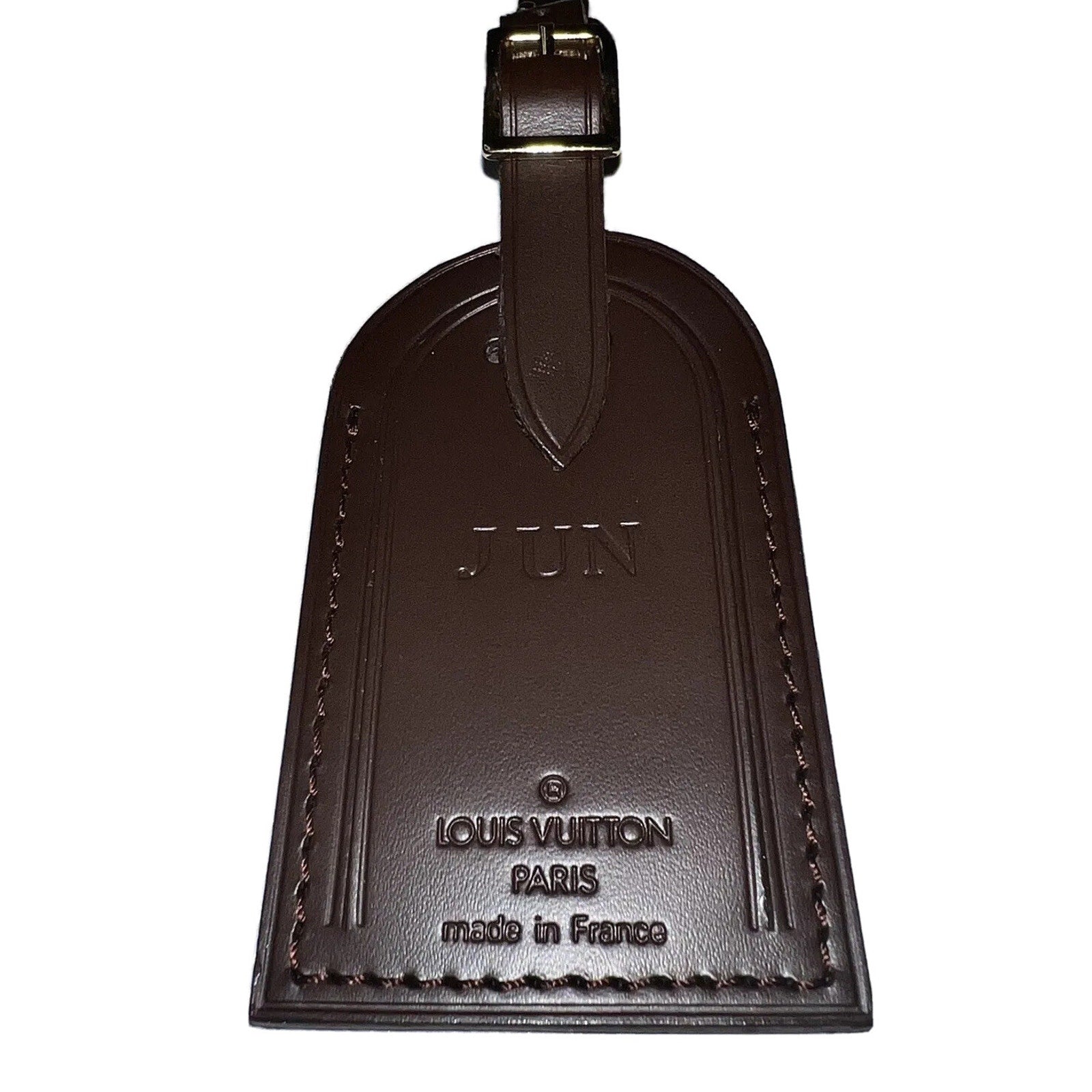 Louis Vuitton Name Tag w/ JUN ID Initials Damier Ebene Leather Goldtone