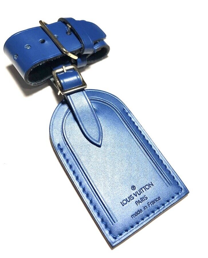 Louis Vuitton Blue Luggage Name Tag w/ Strap Calfskin Leather 1 Set Toledo 🔥