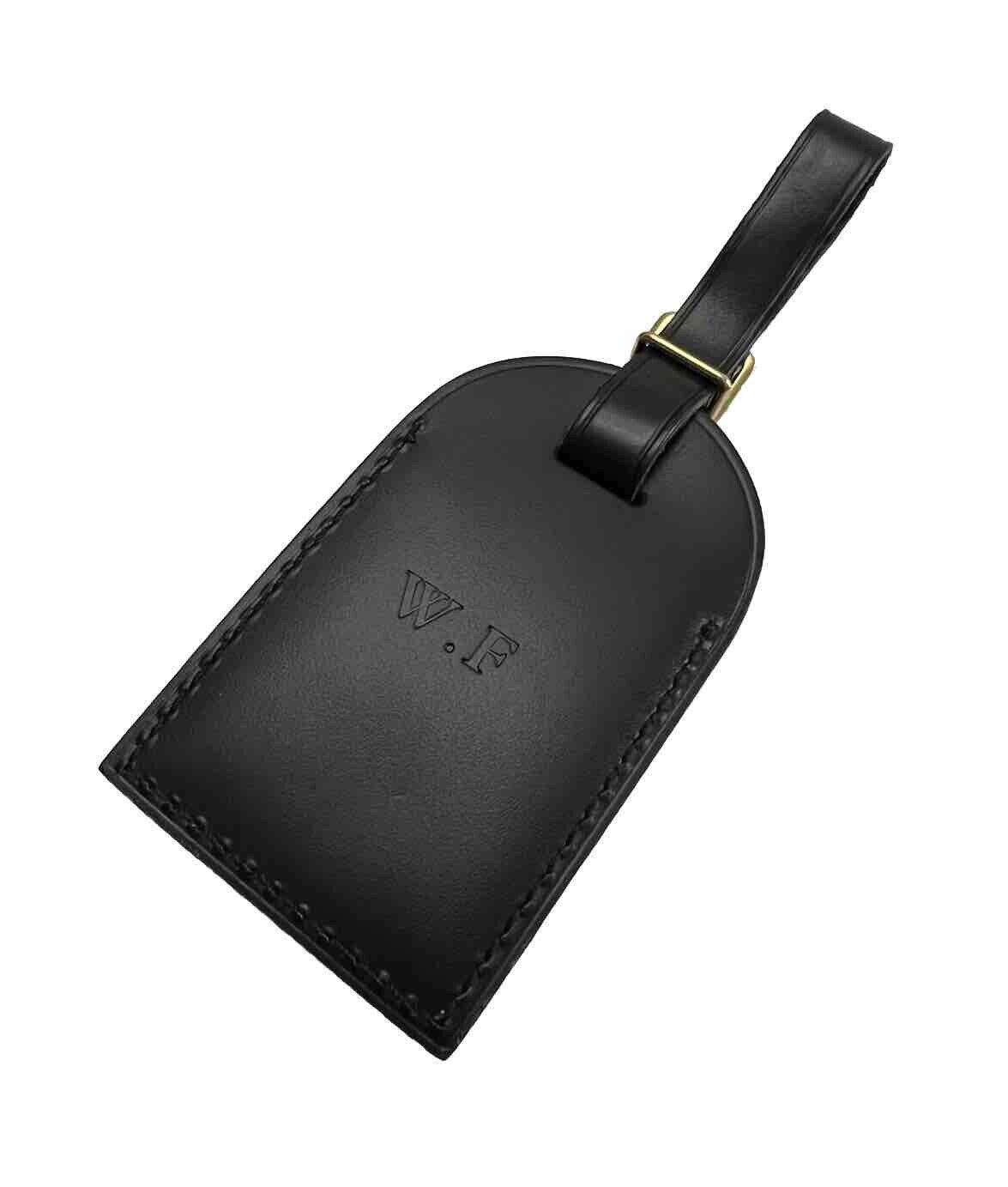 Louis Vuitton Luggage Tag w/ WF Initials Goldtone Black Leather Goldtone