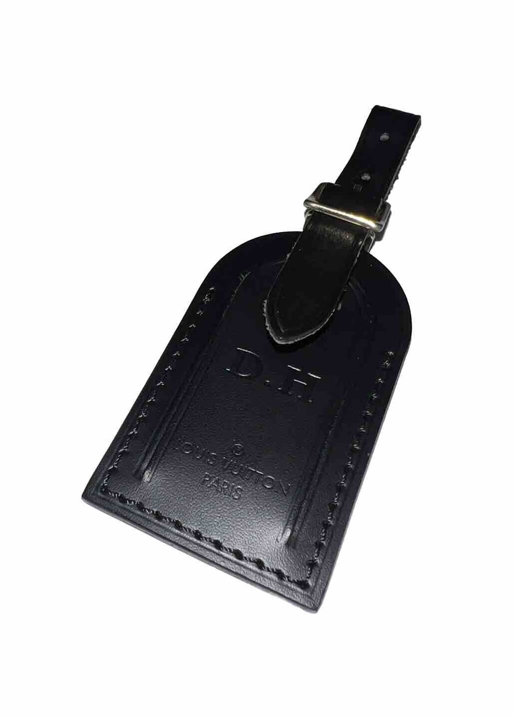 Louis Vuitton Luggage Tag w/ DH HD Stamped Black Leather Small Goldtone - Paris