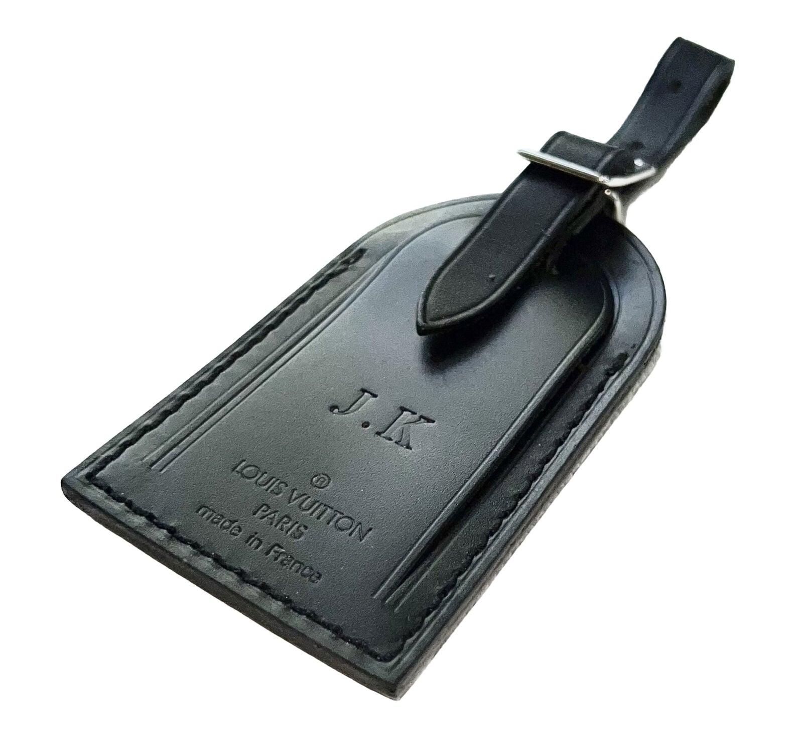Louis Vuitton Name Tag w/ JK Initials Black Leather Goldtone Large🔥
