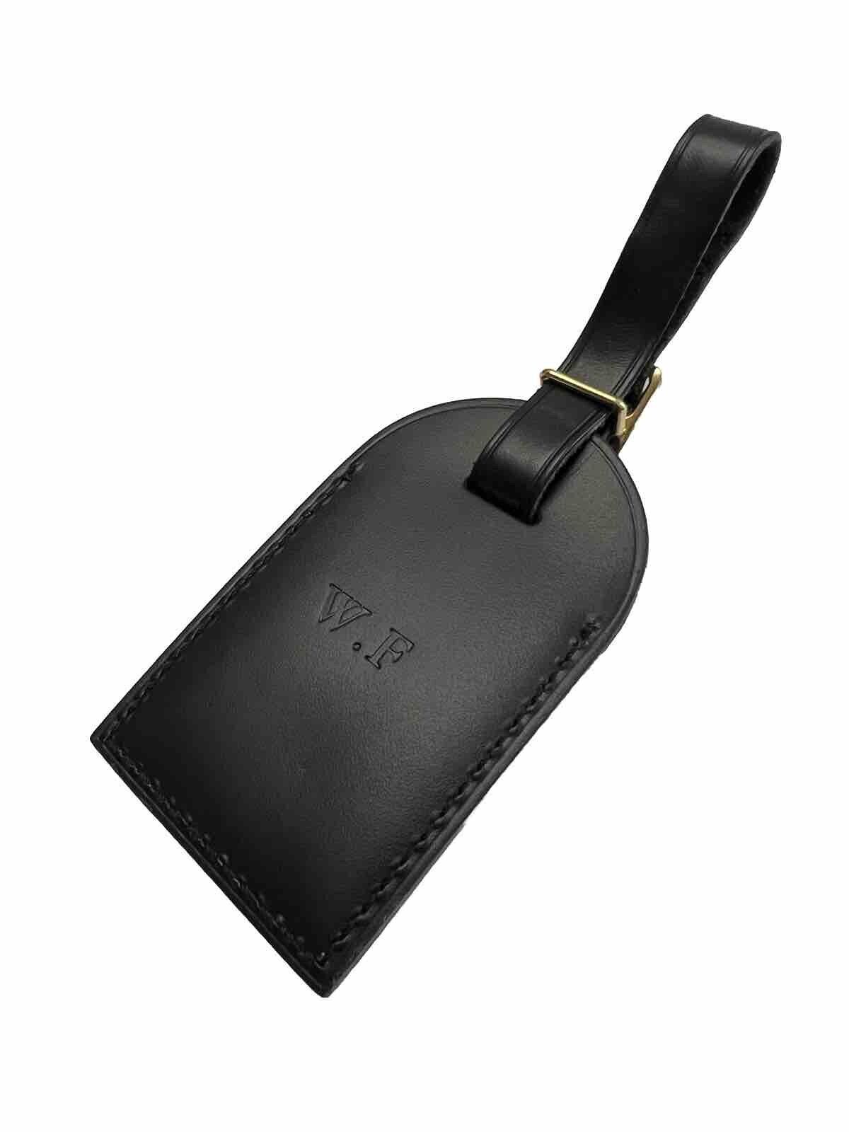 Louis Vuitton Luggage Tag w/ WF Initials Goldtone Black Leather Goldtone