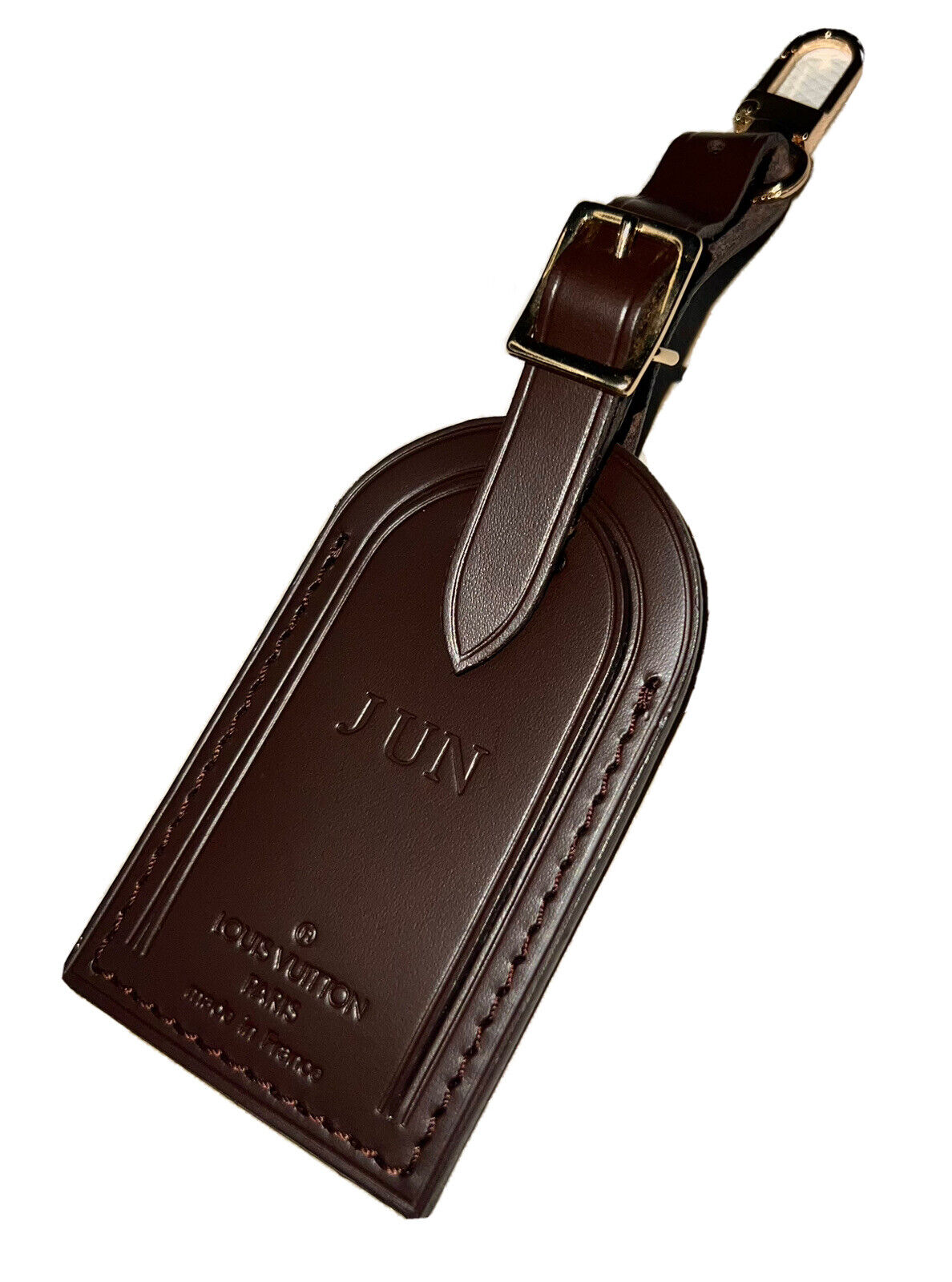 Louis Vuitton Brown Name Tag w/ JUN Initials Damier Ebene Leather Goldtone
