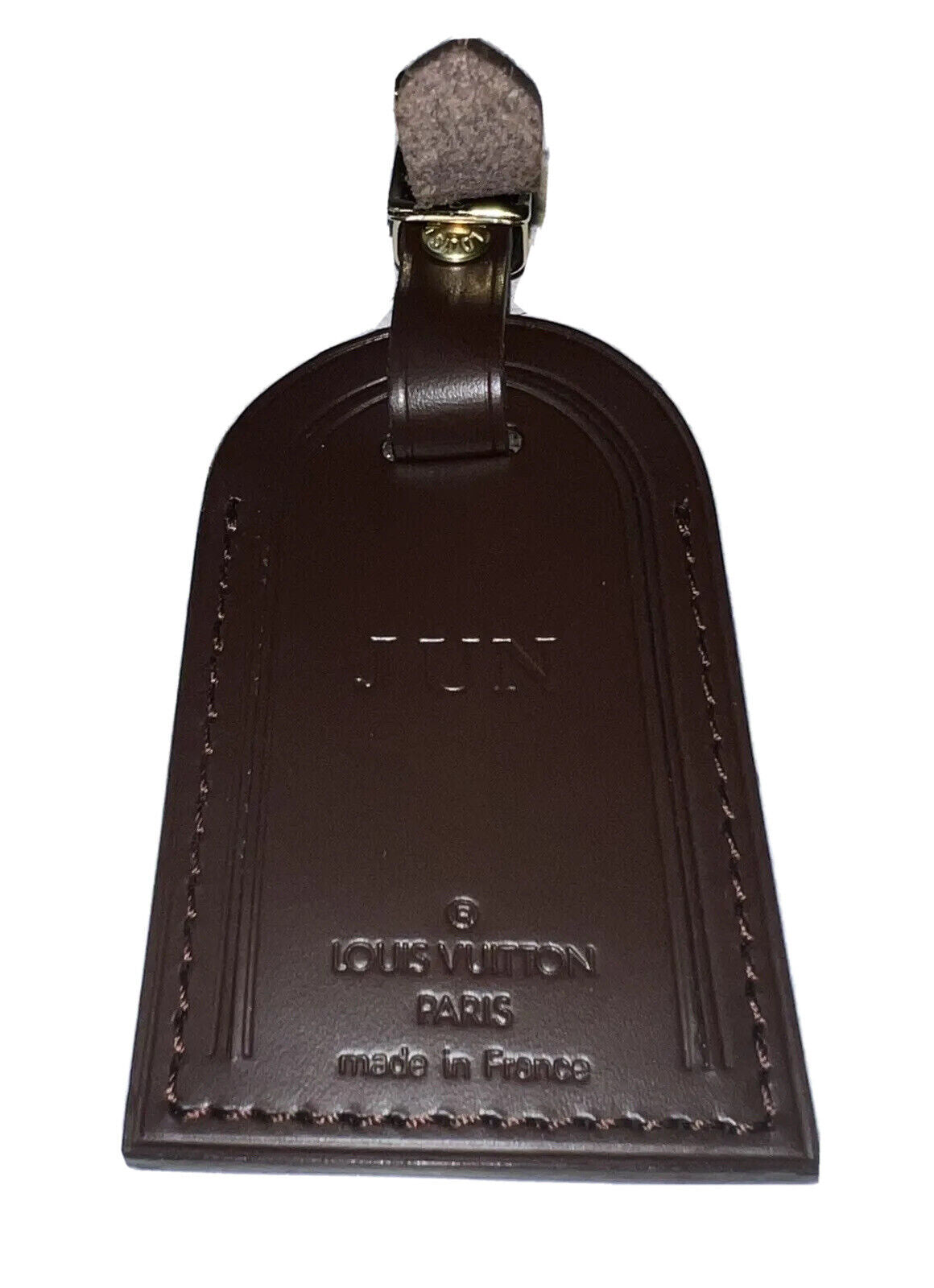 Louis Vuitton Brown Name Tag w/ JUN Initials Damier Ebene Leather Goldtone