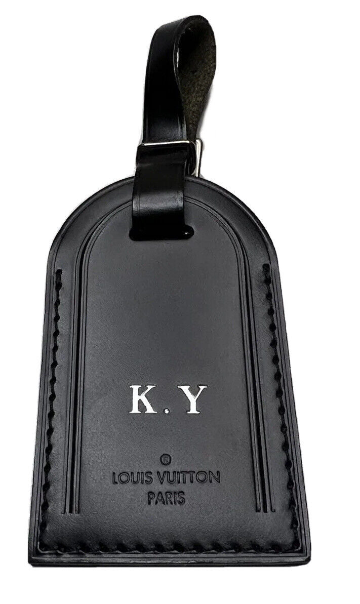 Louis Vuitton Black Name Tag w/ KY Initials Silvertone Calfskin Leather