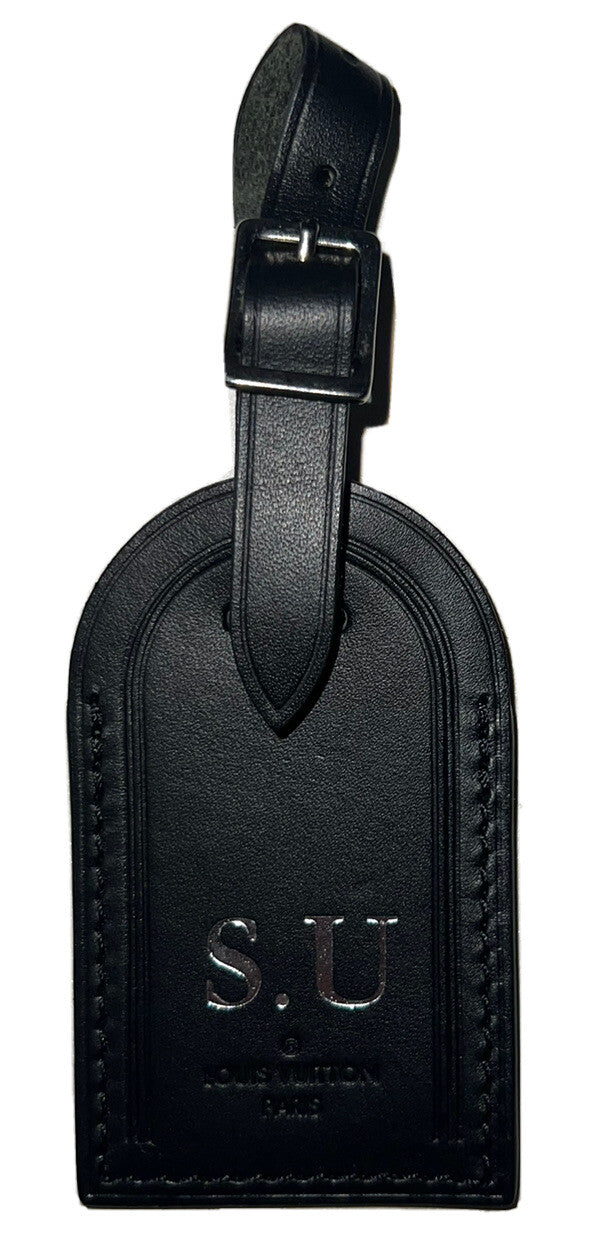 Louis Vuitton Paris Black Leather ID Tag w/ Silvertone SU Initials