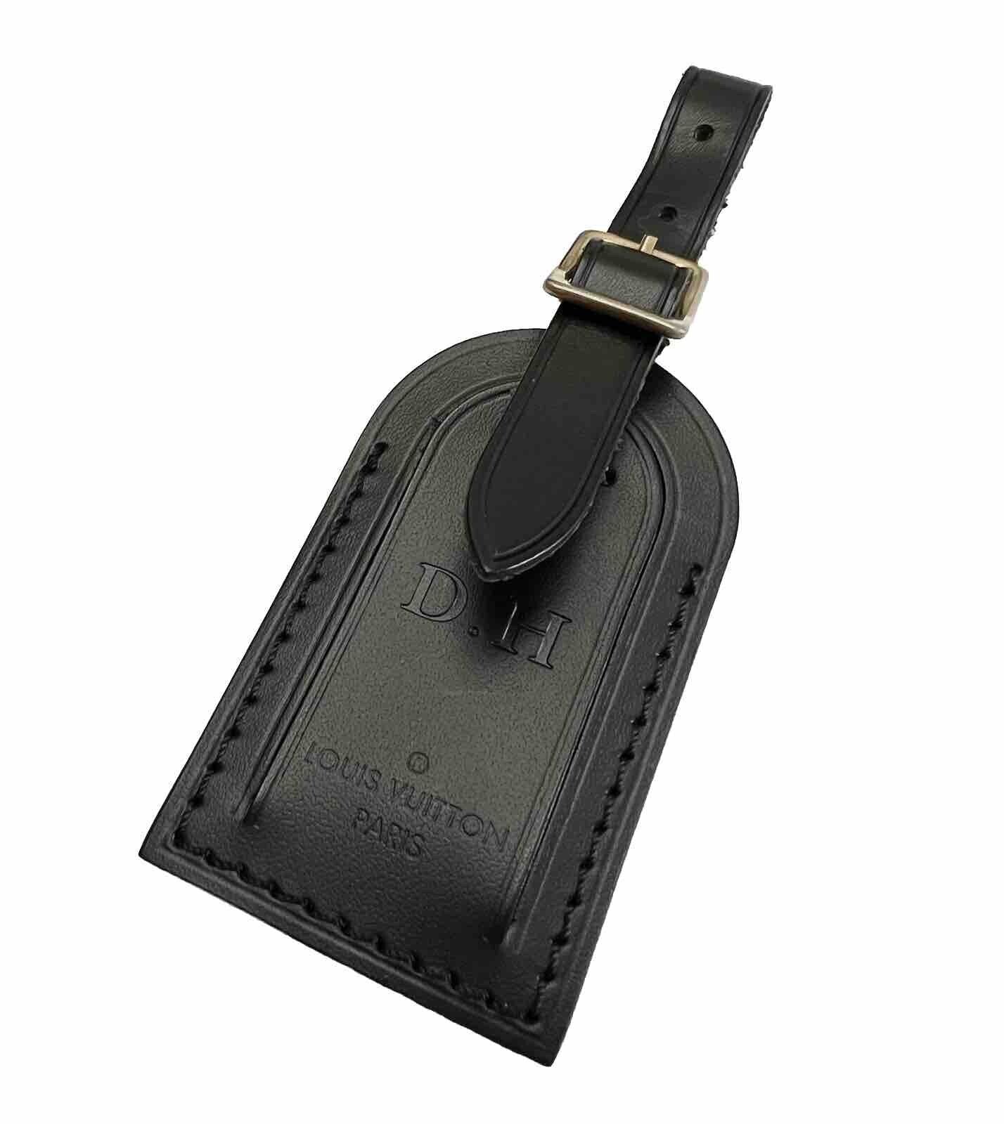 Louis Vuitton Luggage Tag w/ DH HD Stamped Black Leather Small Goldtone - Paris