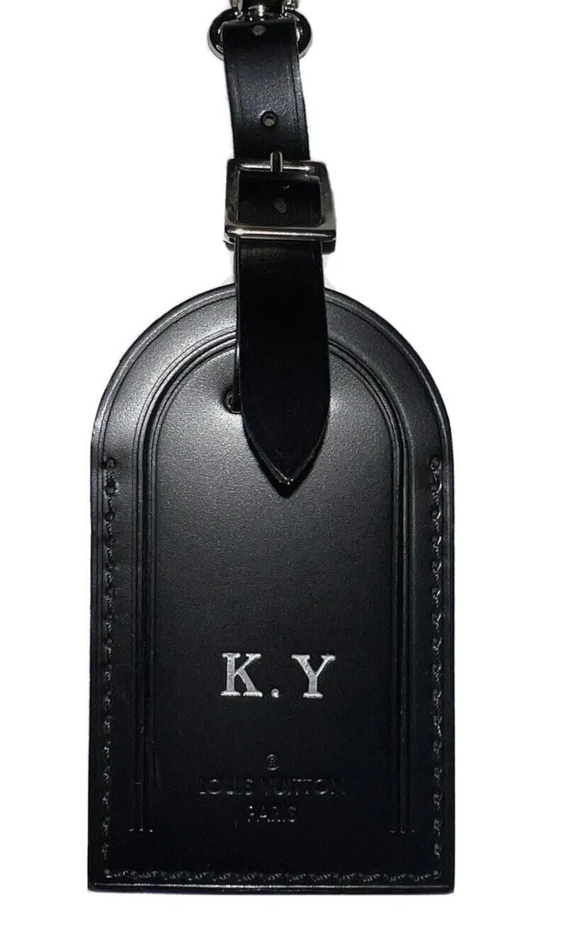 Louis Vuitton Black Name Tag w/ KY Initials Silvertone Calfskin Leather 🩷