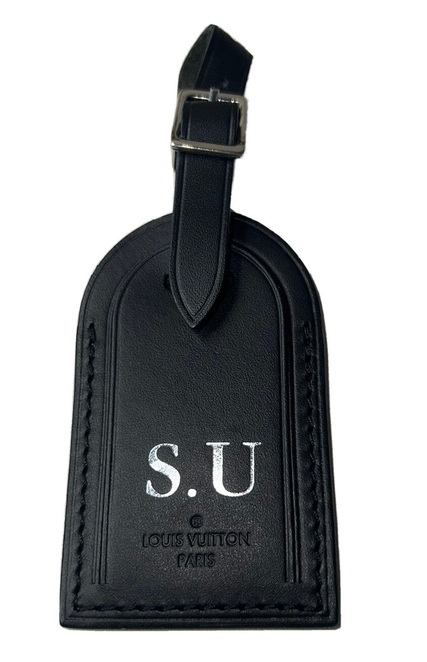 Louis Vuitton Paris Black Leather ID Tag w/ Silvertone SU Initials