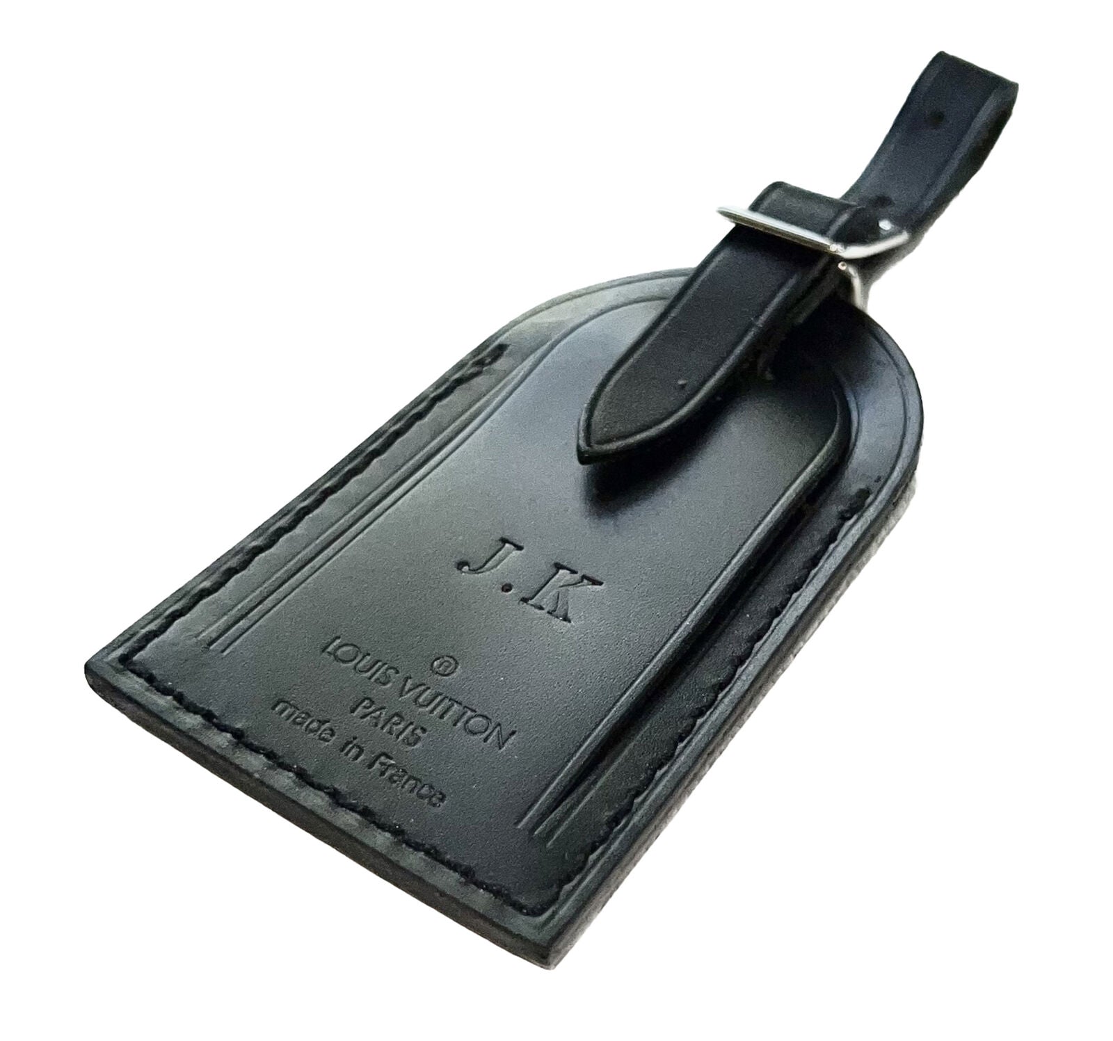 Louis Vuitton Luggage Tag w/ JK Initials Black Leather Goldtone Large ⭐️
