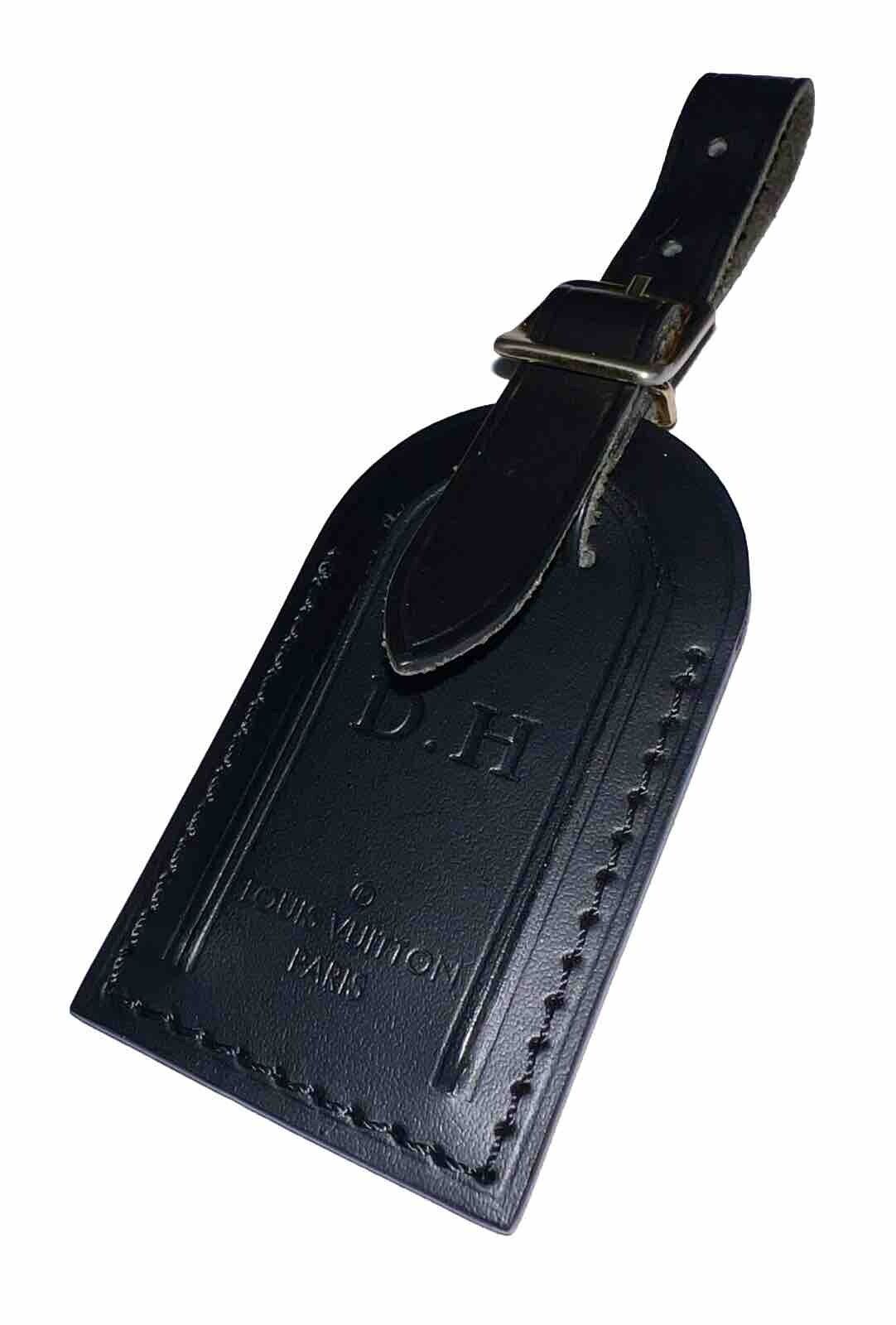 Louis Vuitton Luggage Tag w/ DH HD Stamped Black Leather Small Goldtone - Paris