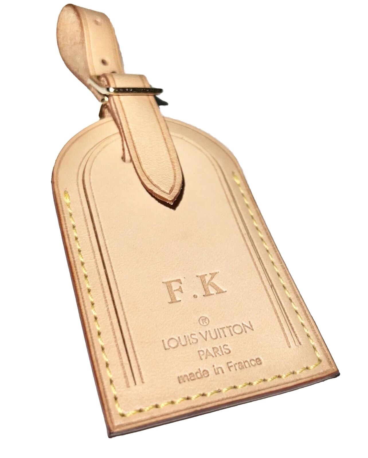 Louis Vuitton Name Tag w/ FK Stamped Initials Goldtone - Natural Vachetta Large