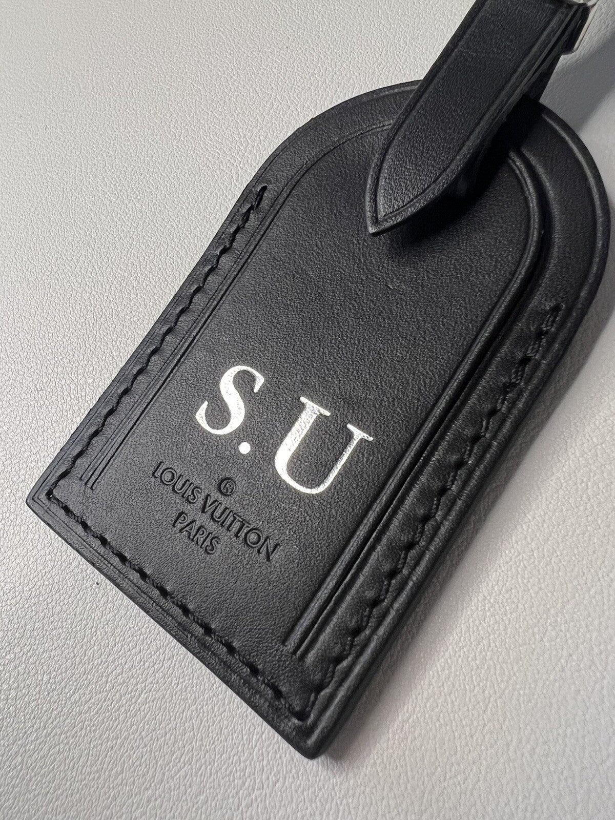 Louis Vuitton Paris Black Leather ID Tag w/ Silvertone SU Initials