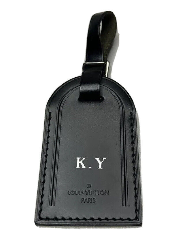 Louis Vuitton Black Name Tag w/ KY Initials Silvertone Calfskin Leather