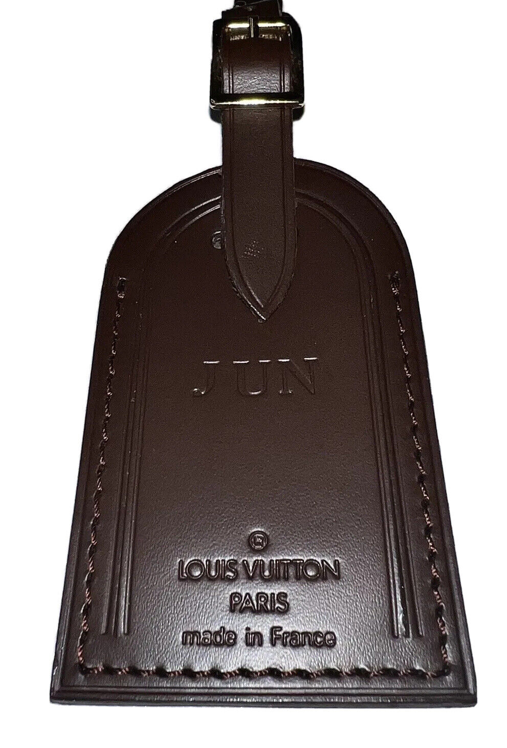 Louis Vuitton Brown Name Tag w/ JUN Initials Damier Ebene Leather Goldtone