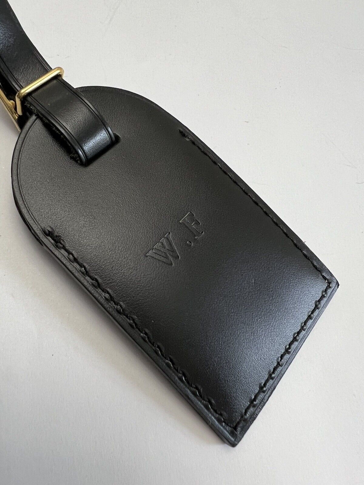 Louis Vuitton Luggage Tag w/ WF Initials Goldtone Black Leather Goldtone