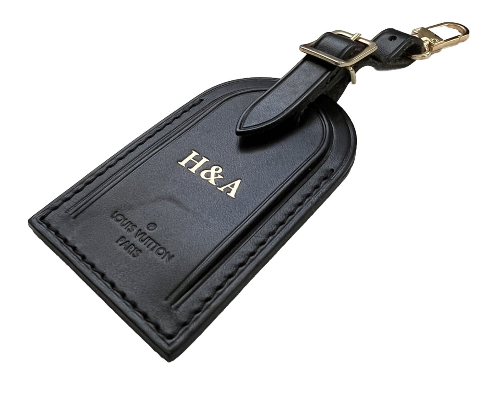 Louis Vuitton Luggage Tag w/ H&A Initials Goldtone HA Black Calfskin