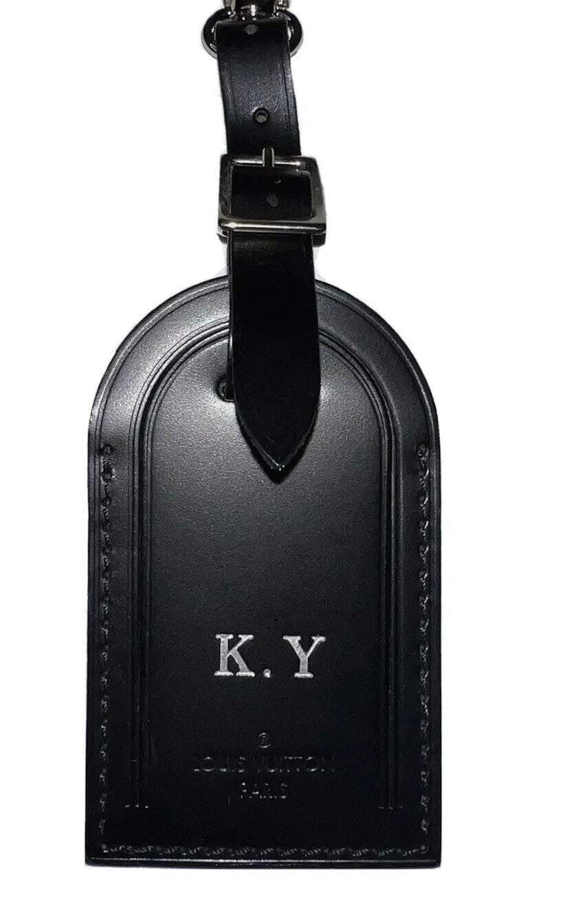 Louis Vuitton Black Name Tag w/ KY Initials Silvertone Calfskin Leather