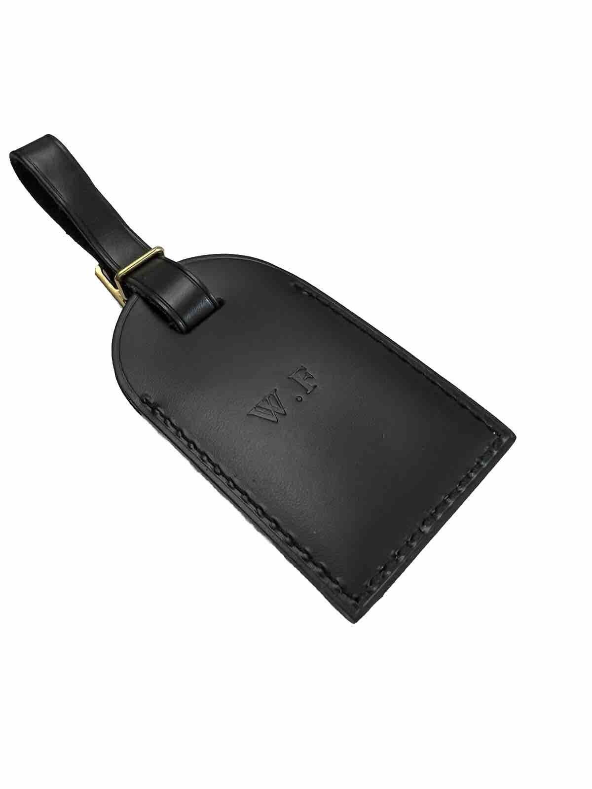 Louis Vuitton Luggage Tag w/ WF Initials Goldtone Black Leather Goldtone