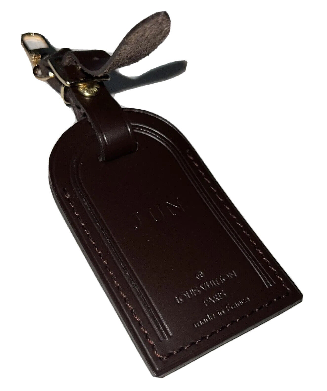 Louis Vuitton Brown Name Tag w/ JUN Initials Damier Ebene Leather Goldtone