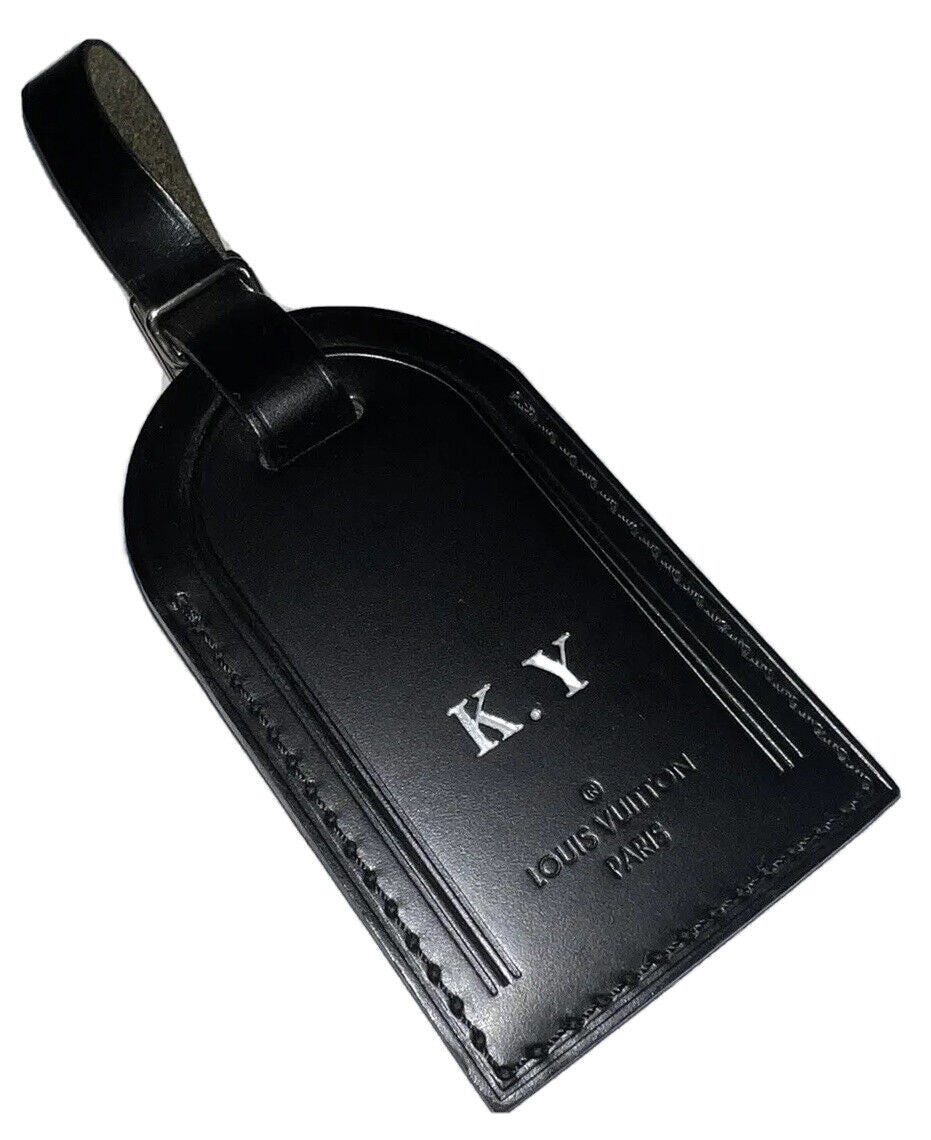 Louis Vuitton Black Name Tag w/ KY Initials Silvertone Calfskin Leather