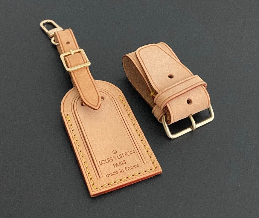 Louis Vuitton Name Tag w/ Strap Small Beige Leather France - 1 Set