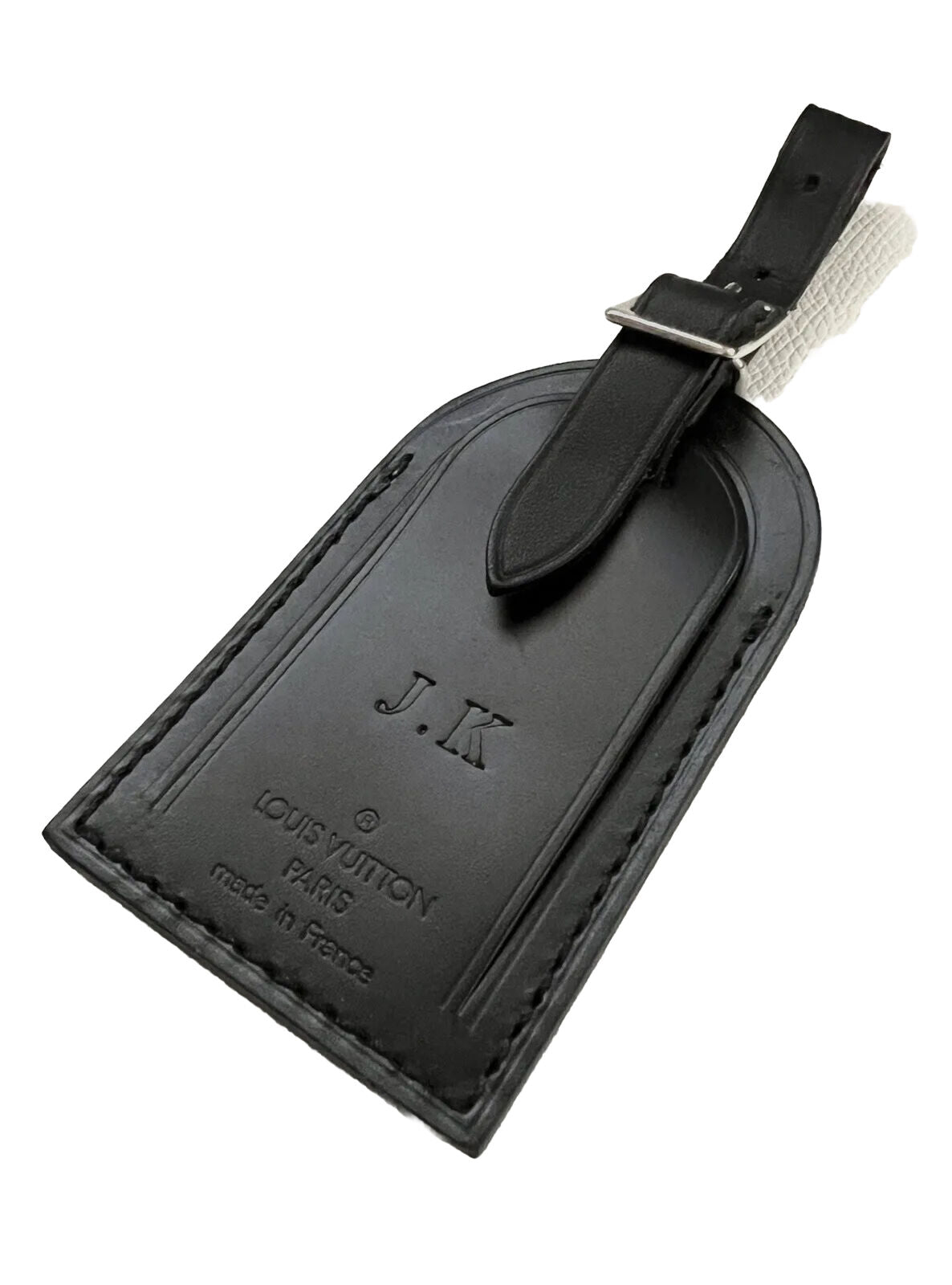 Louis Vuitton Name Tag w/ JK Initials Black Leather Goldtone Large🔥