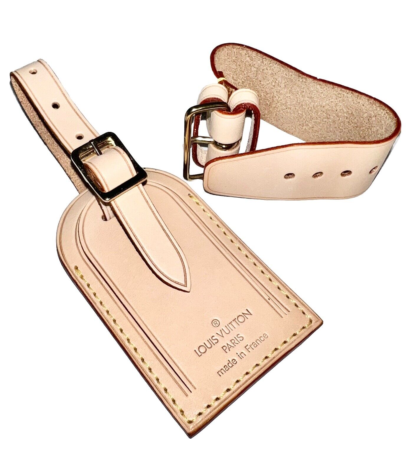 Louis Vuitton Luggage Tag Natural Vachetta w/ Strap Poignet Goldtone - 1 Set