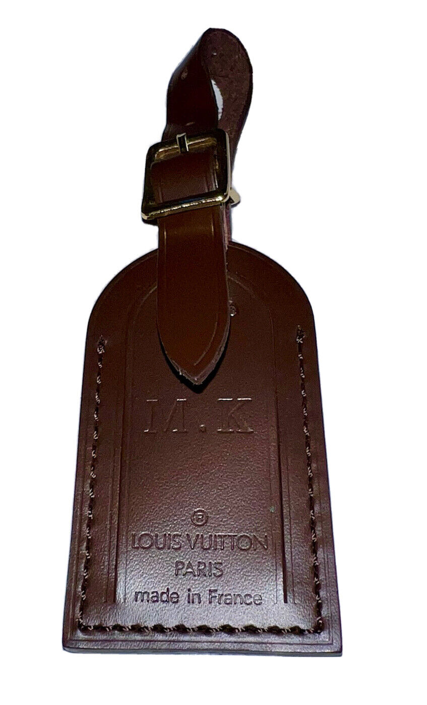 Louis Vuitton Damier Ebene Name Tag w/ MK Initials Calfskin Goldtone Small GC