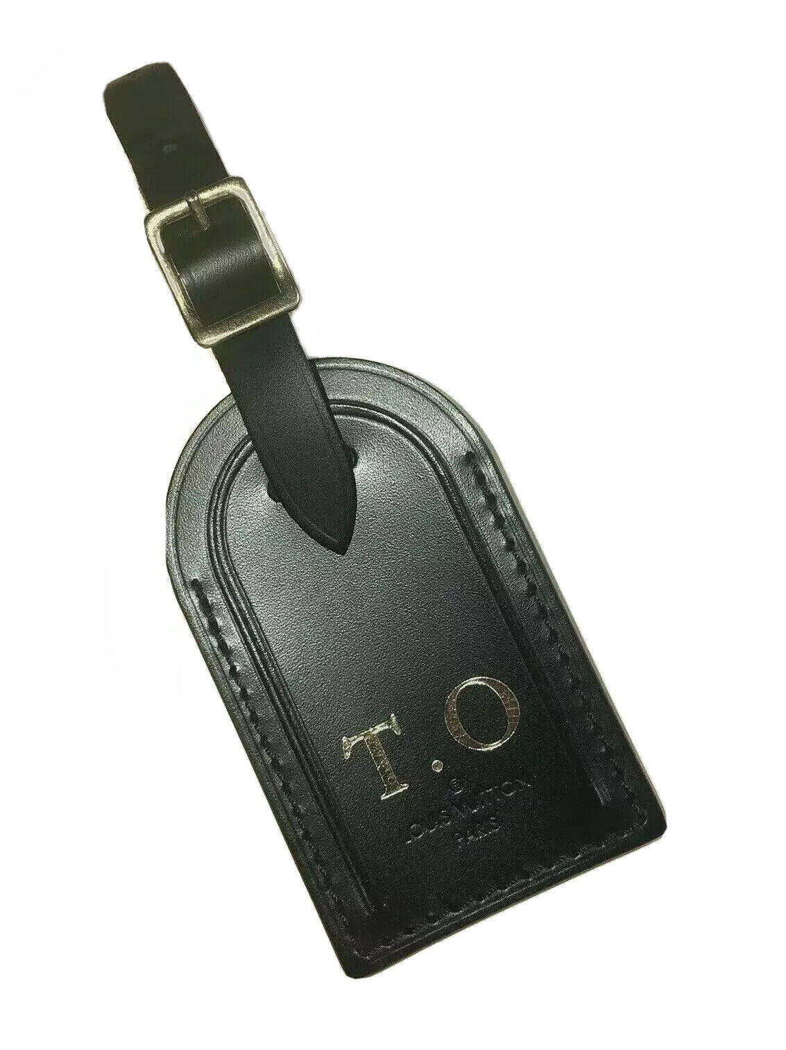 Louis Vuitton Luggage Tag w/ TO Initials  Goldtone Black Calfskin Authentic