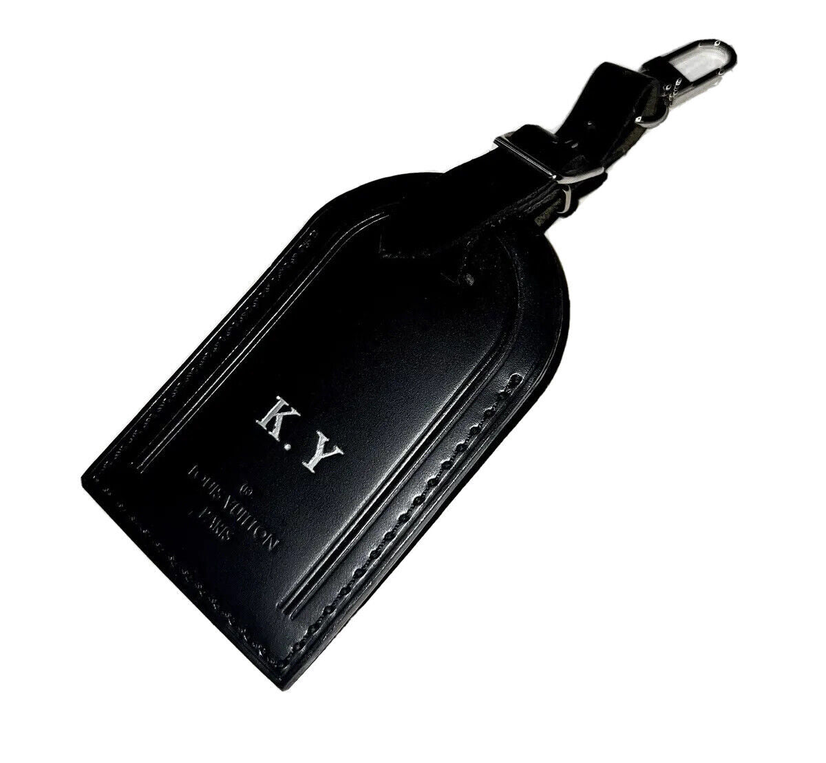 Louis Vuitton Black Name Tag w/ KY Initials Silvertone Calfskin Leather