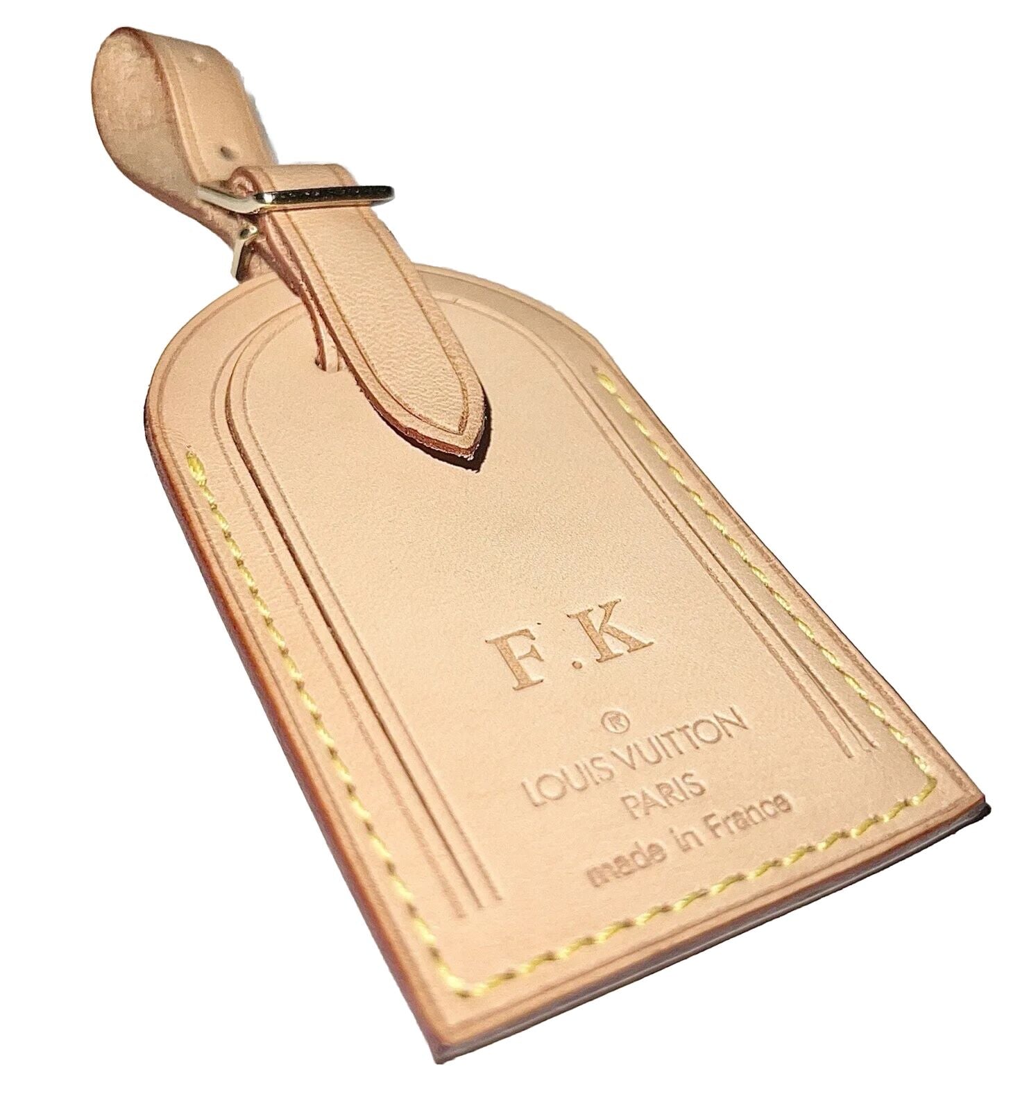 Louis Vuitton Name Tag w/ FK Stamped Initials Goldtone - Natural Vachetta Large