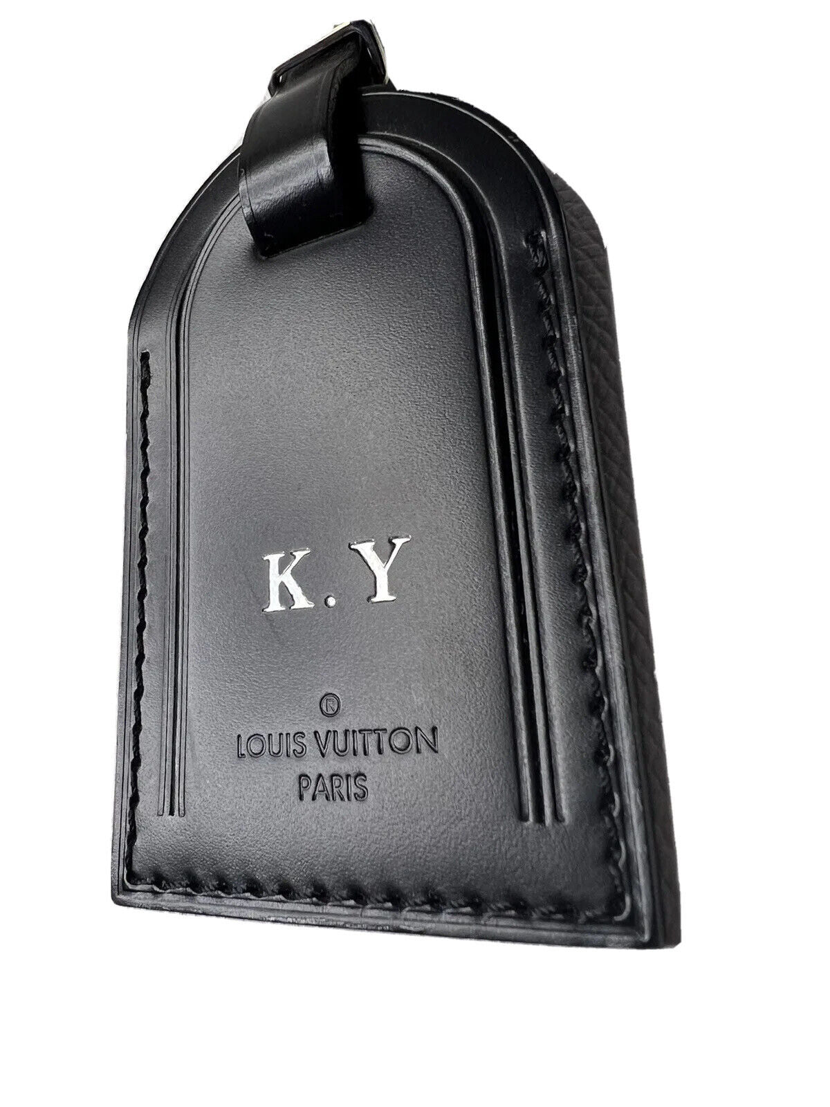 Louis Vuitton Black Name Tag w/ KY Initials Silvertone Calfskin Leather