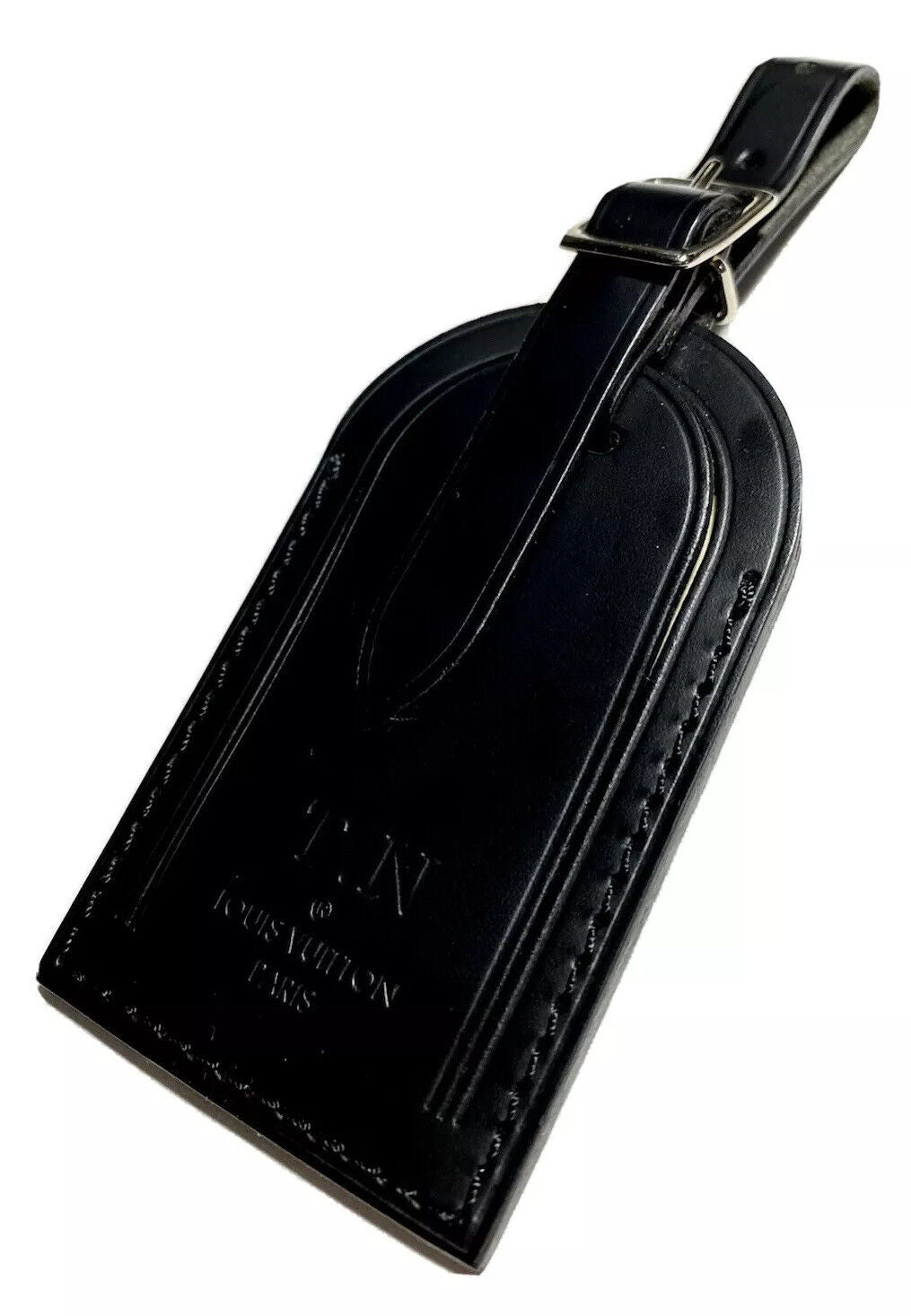 Louis Vuitton Paris Name Tag w/ TN Initials Goldtone Black Calfskin
