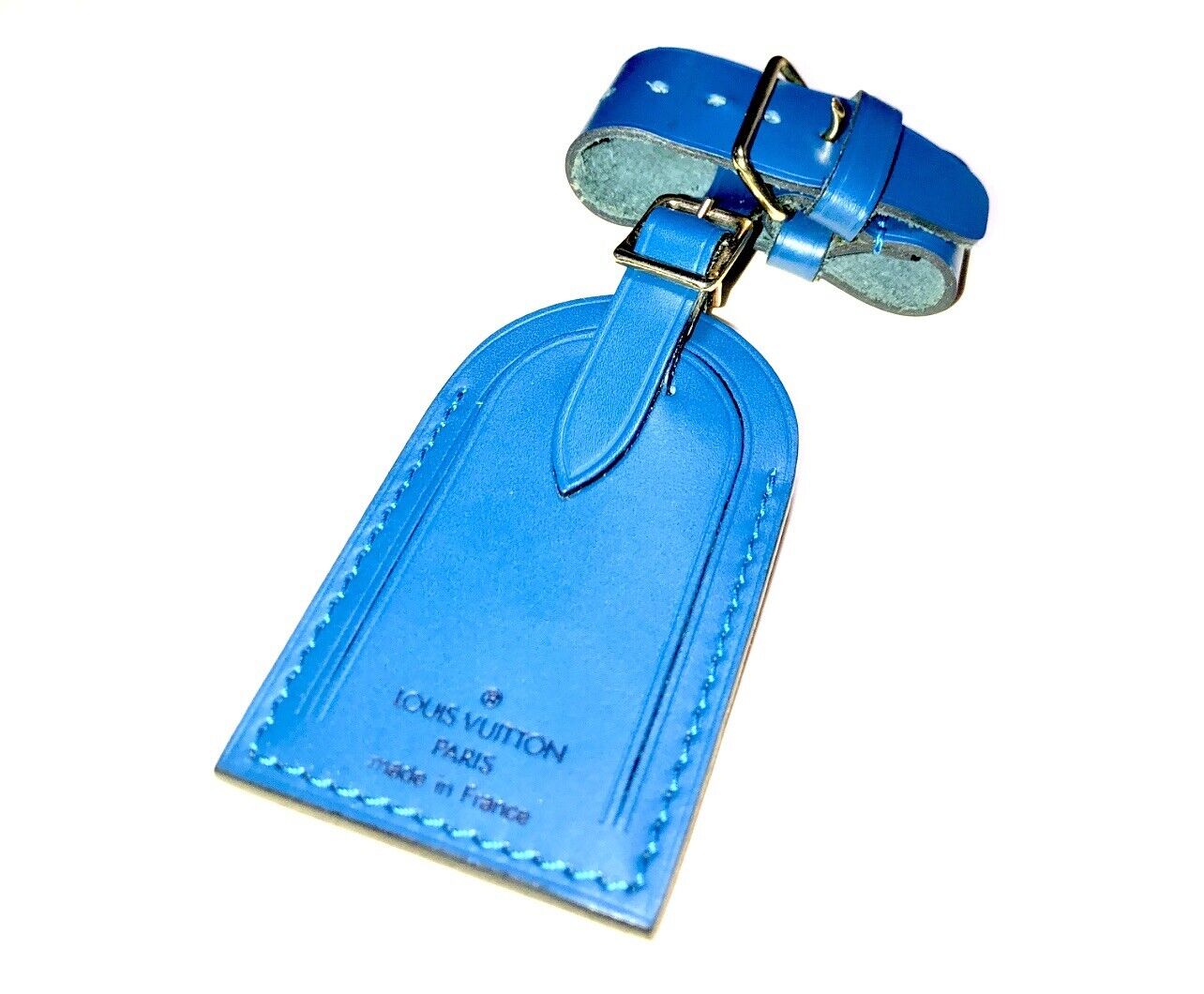 Louis Vuitton Blue Luggage Name Tag w/ Strap Calfskin Leather 1 Set Toledo 🔥