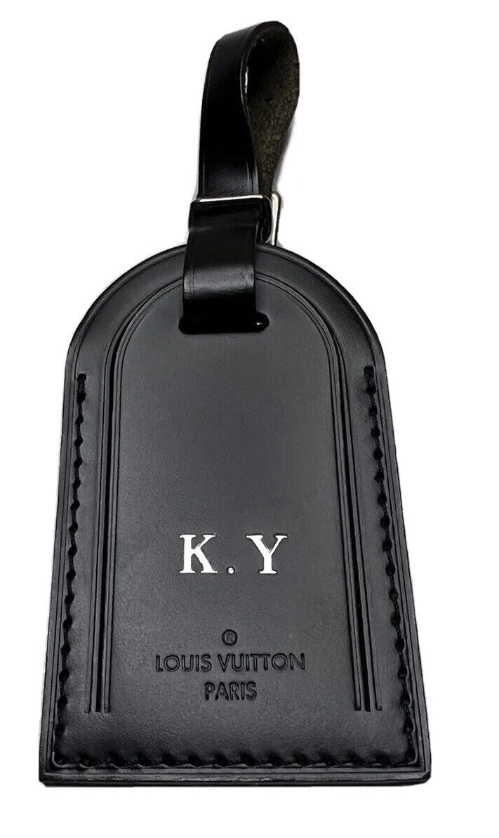 Louis Vuitton Black Name Tag w/ KY Initials Silvertone Calfskin Leather 🎊