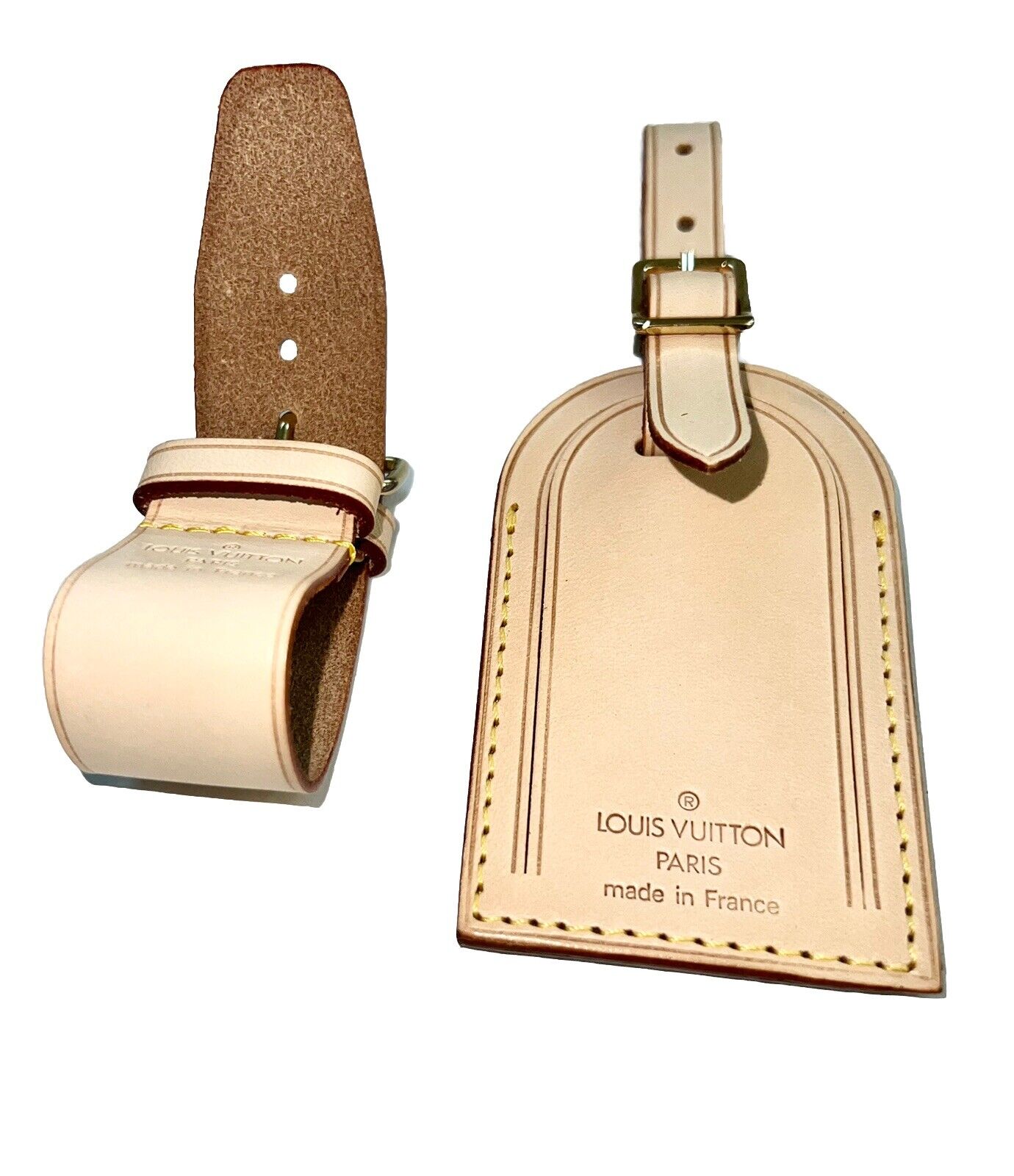 Louis Vuitton Luggage Tag Natural Vachetta w/ Strap Poignet Goldtone - 1 Set