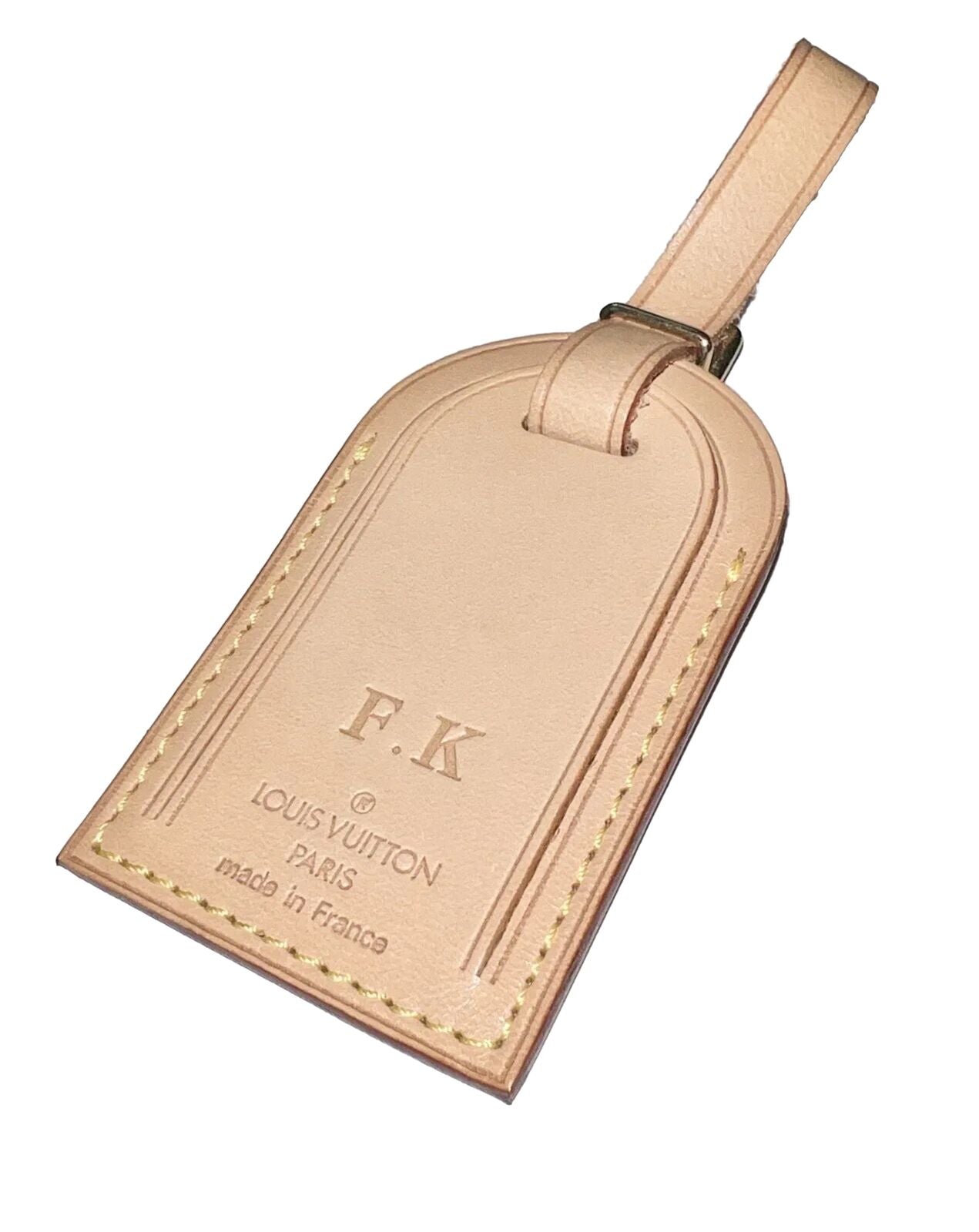 Louis Vuitton Name Tag w/ FK Stamped Initials Goldtone - Natural Vachetta Large