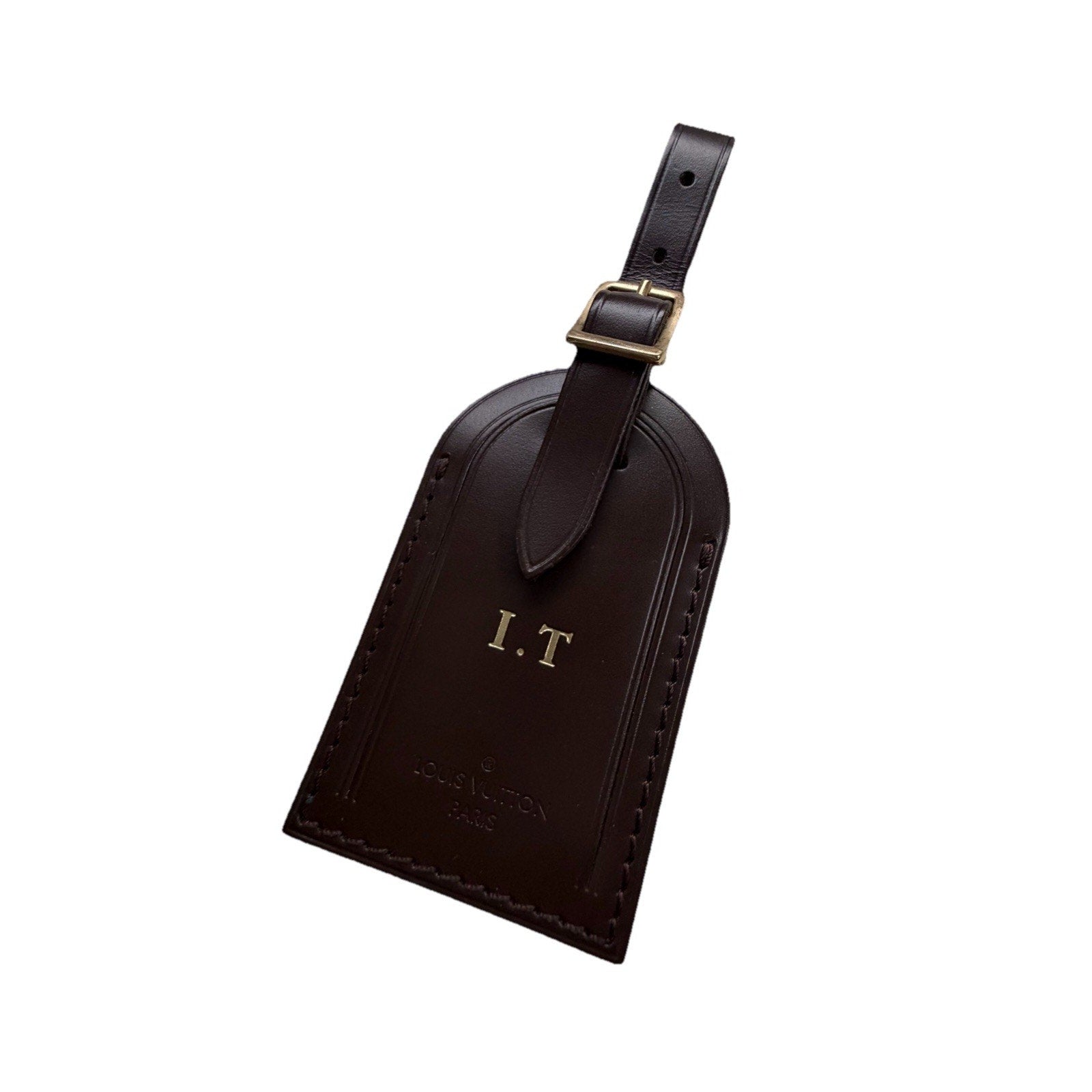 Louis Vuitton Name Tag w/ IT Initials Gold-tone Brown Leather Damier Ebene