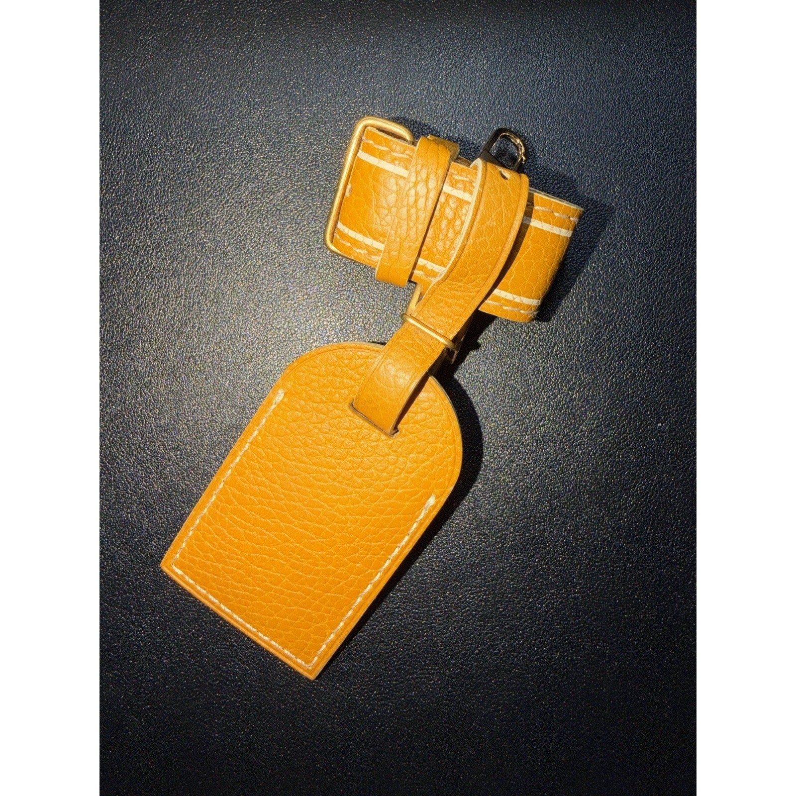 Rare Louis Vuitton Gold Orange Name Tag w/ Poignet Strap Grained Leather