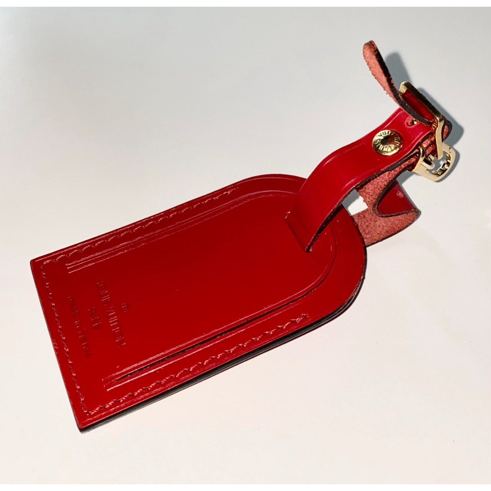 Louis Vuitton Red Luggage Name Tag Leather Goldtone AUTHENTIC France