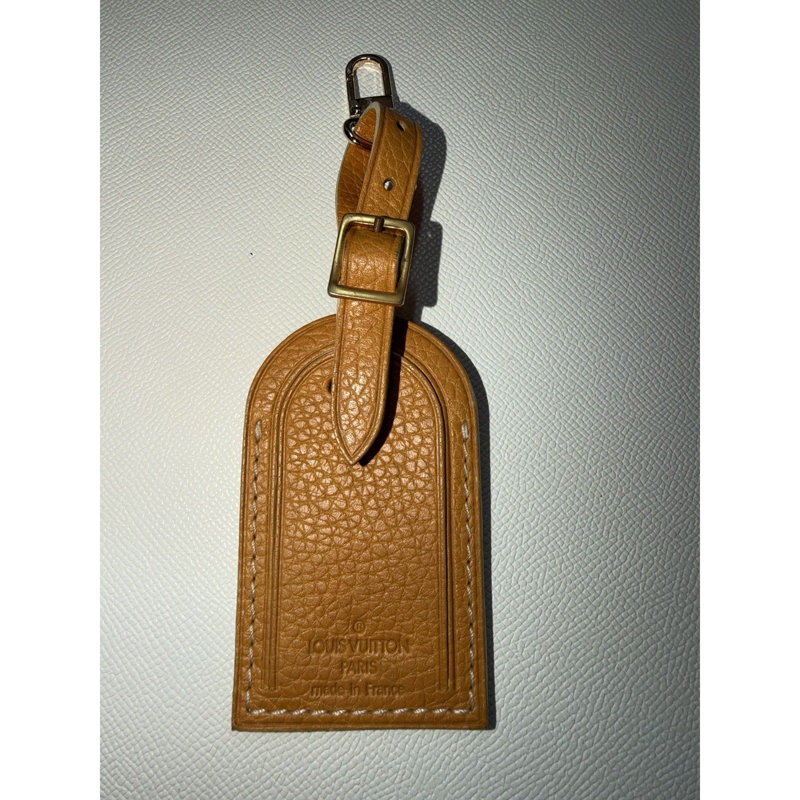 Rare Louis Vuitton Gold Orange Name Tag w/ Poignet Strap Grained Leather